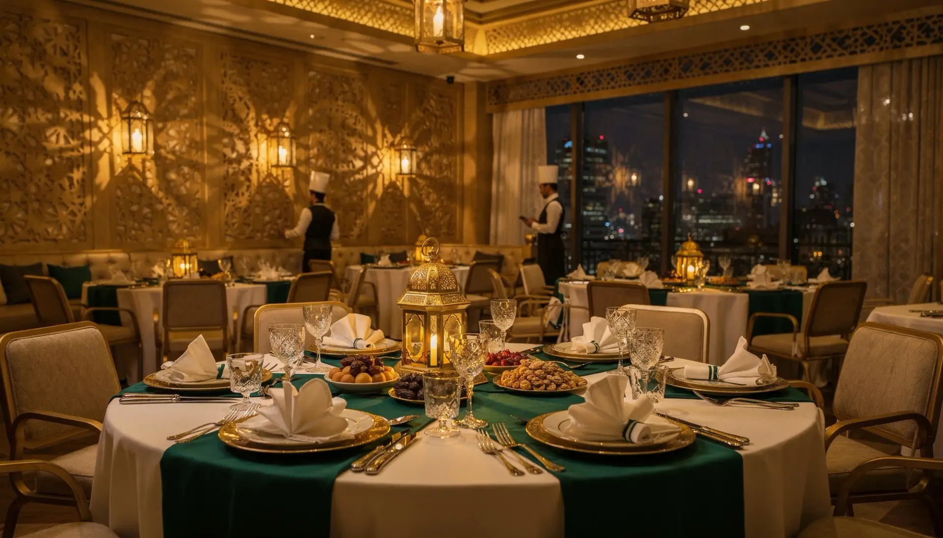Lüks bir otel restoranında fenerlerle hazırlanmış iftar sofrası ve arka planda şehir manzarası