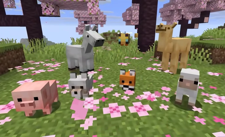 new main menu panorama showing baby mobs in a Minecraft landscape