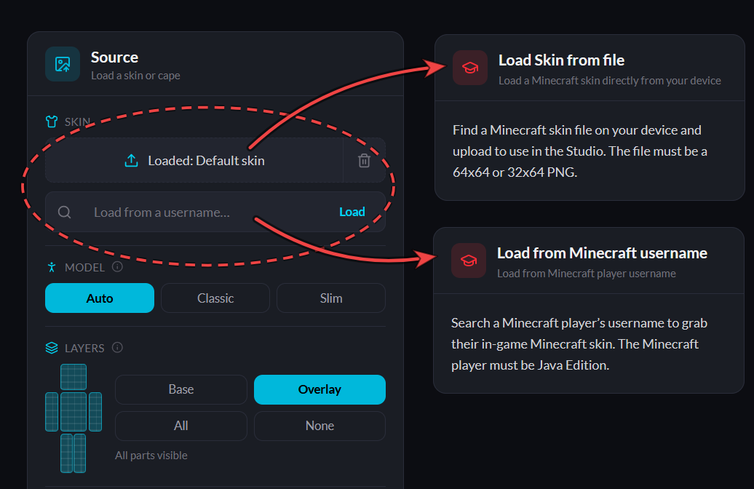 Load from Minecraft skin file or Minecraft player username - image example.