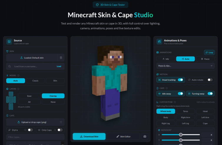 Minecraft skin and cape studio tool page - image example.