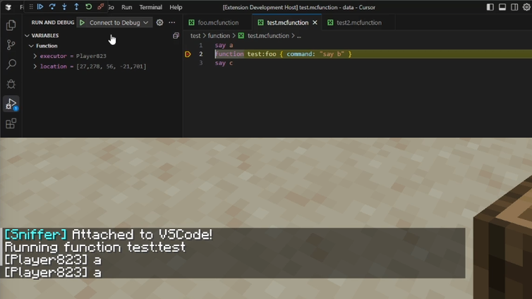 VSCode Debugger debugging a Minecraft datapack