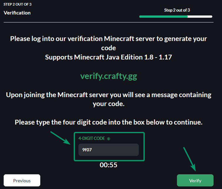 Final Step entering the verification code