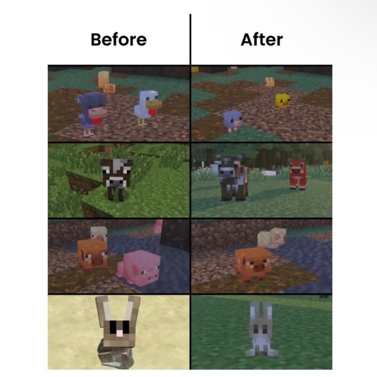 comparison of old and new baby mob models showing baby chickens, cows, pigs and rabbits