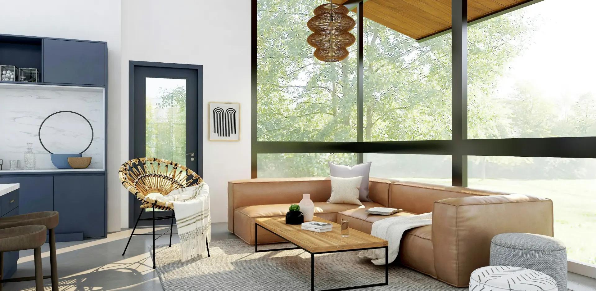 modern living room with large picture windows and a glass door