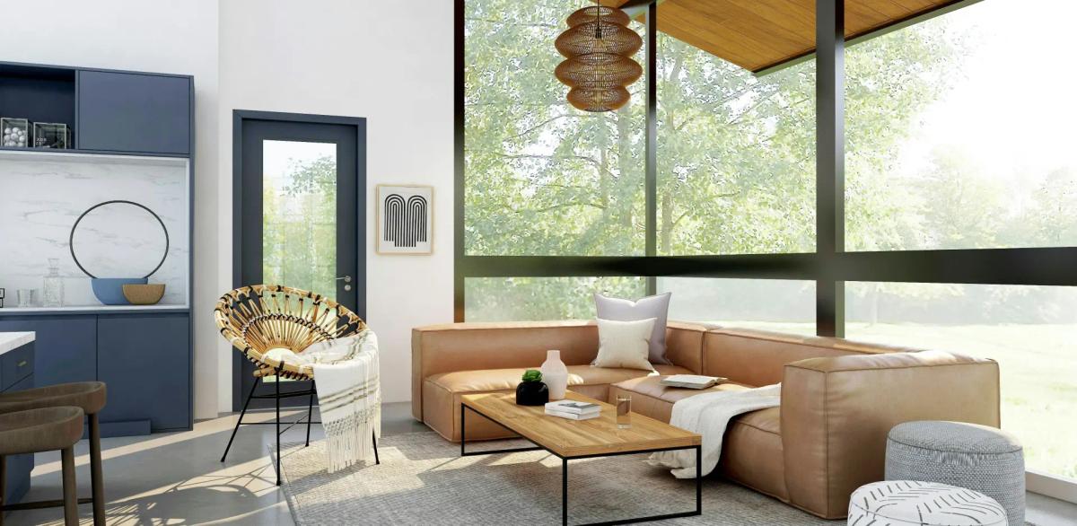 modern living room with large picture windows and a glass door