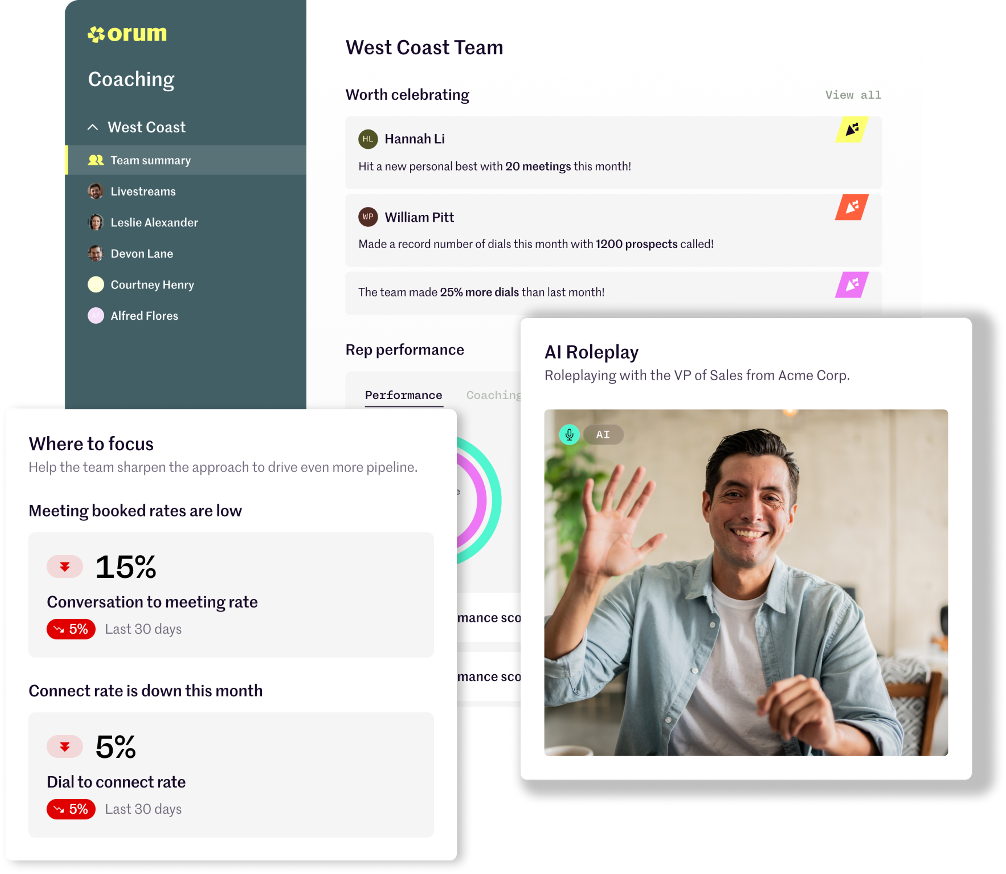 Orum's AI Coaching Suite with AI Scorecards, Coaching Portal, and AI Roleplay