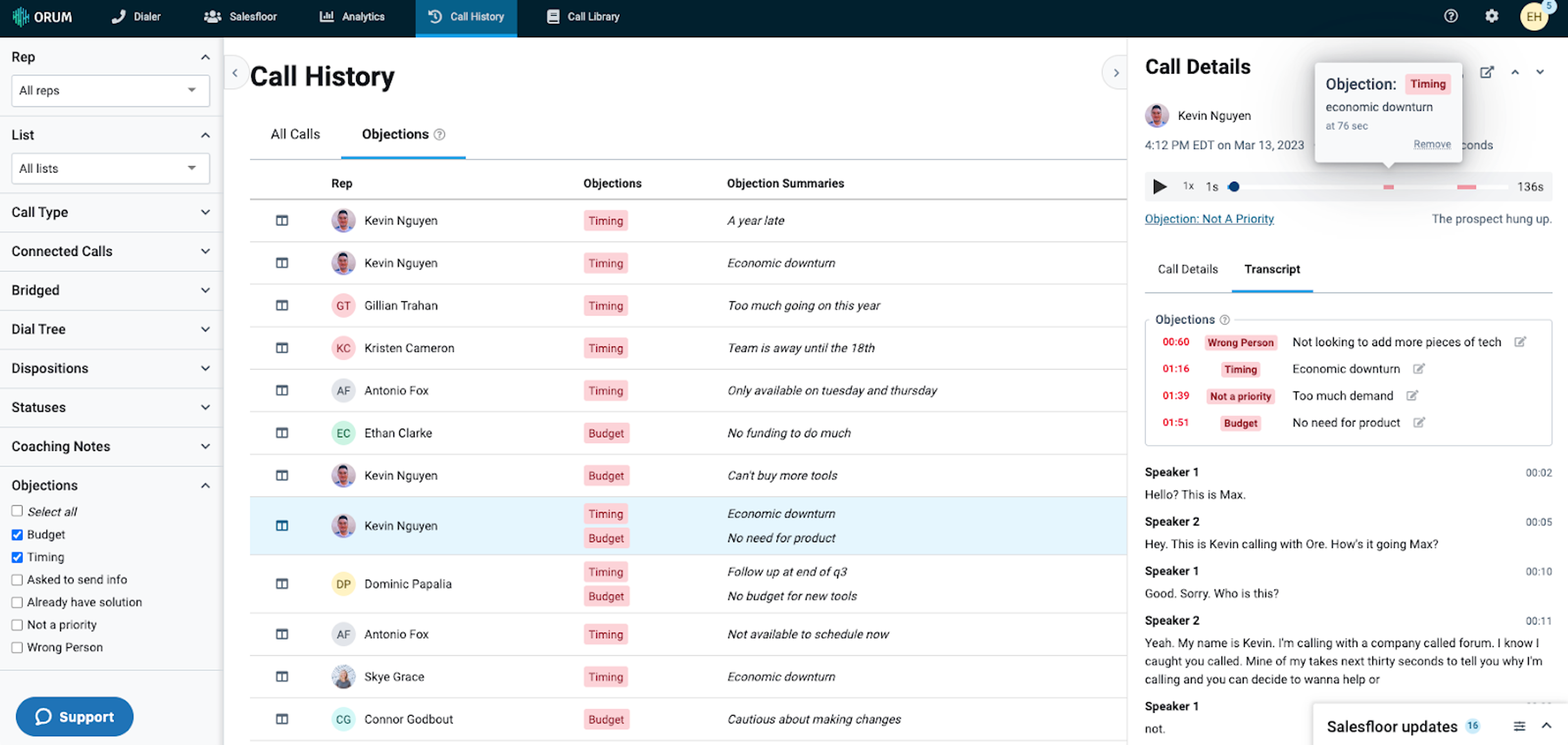 rum’s Call History gives you AI-powered objection summaries