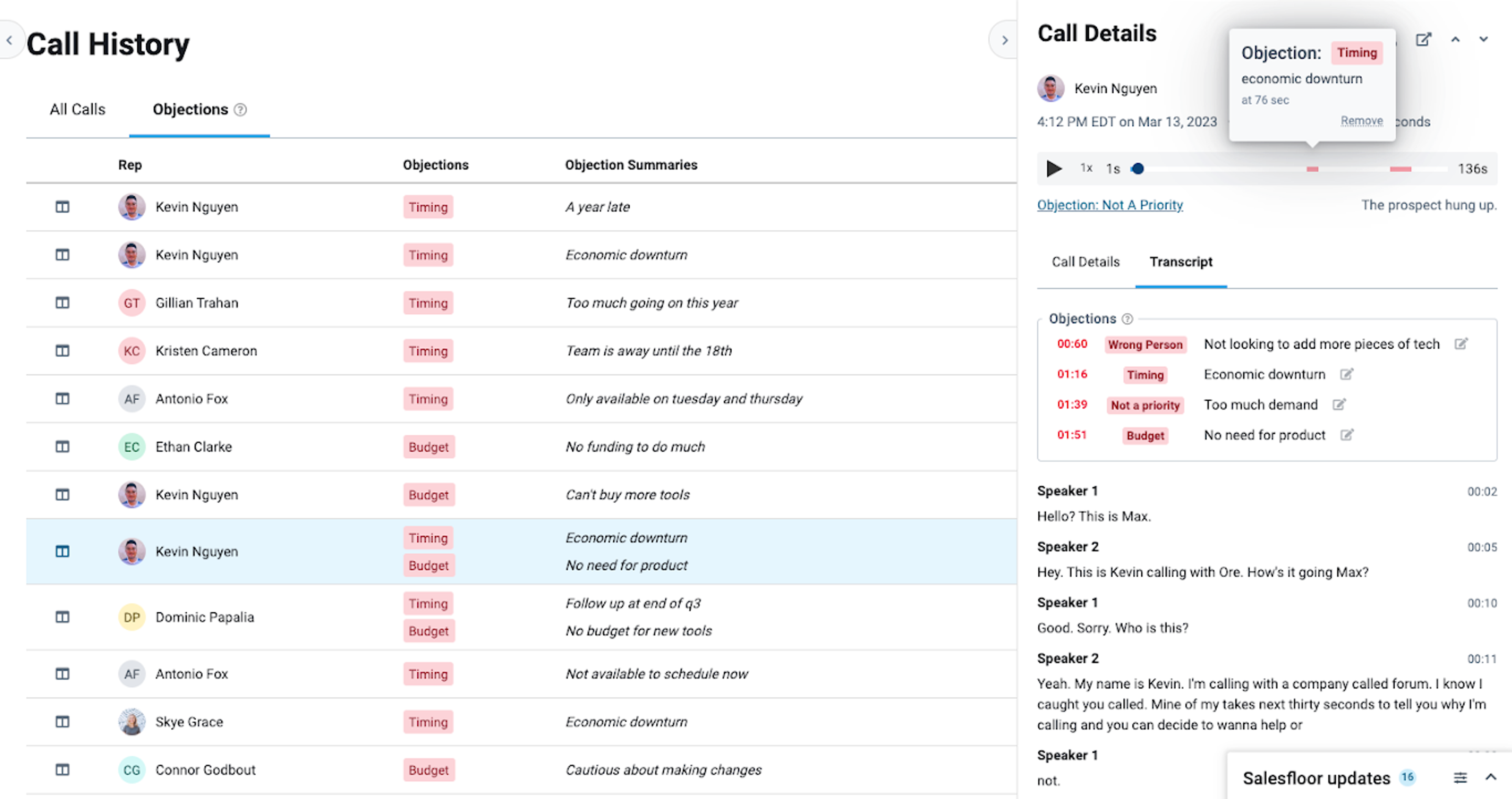 Call history page showing transcription and objection feature