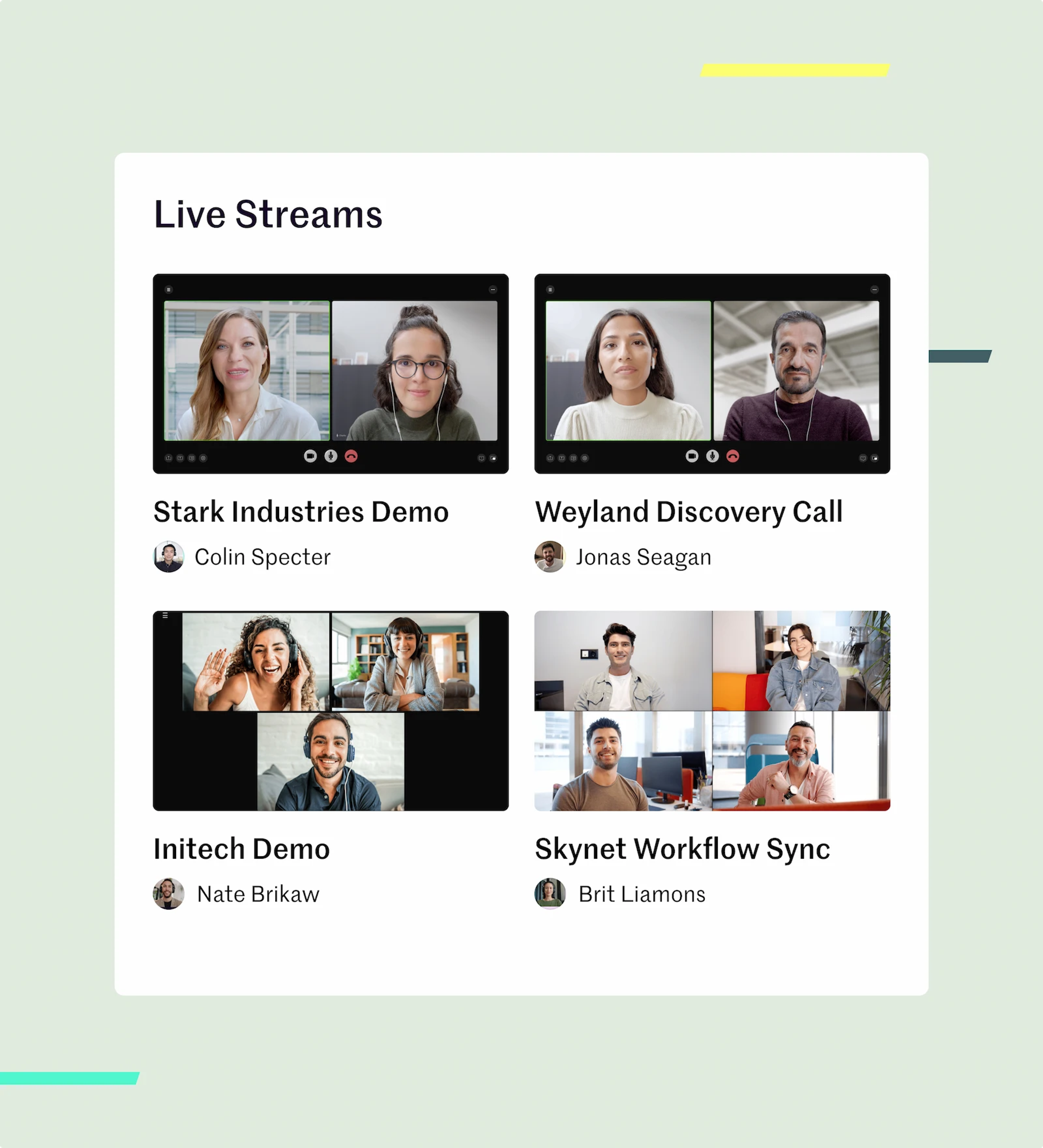 A UI graphic showing a list of thumbnails of previous live streams