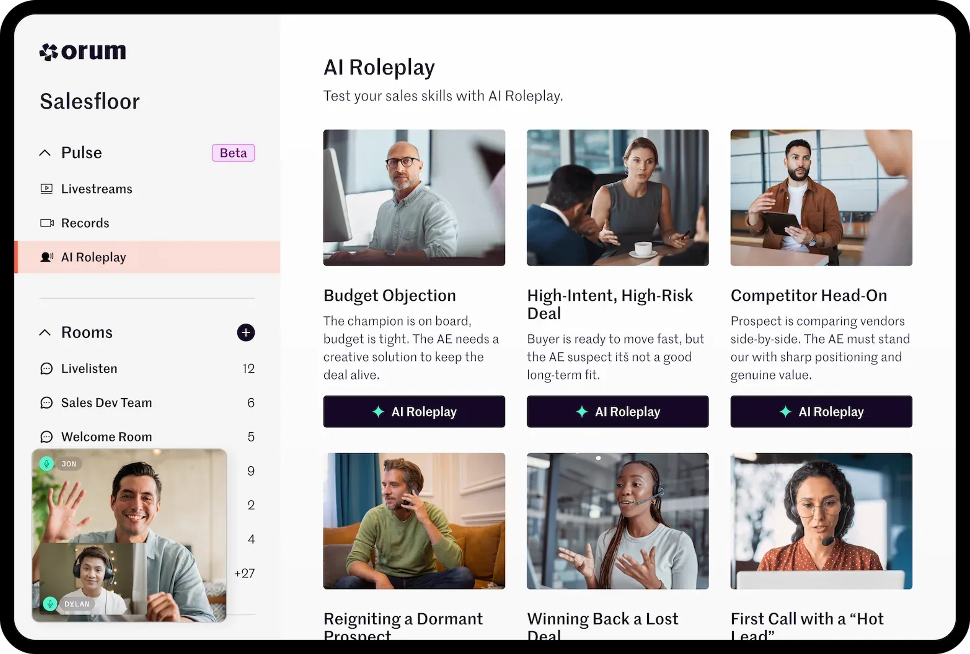 A dashboard showing various AI roleplay sessions