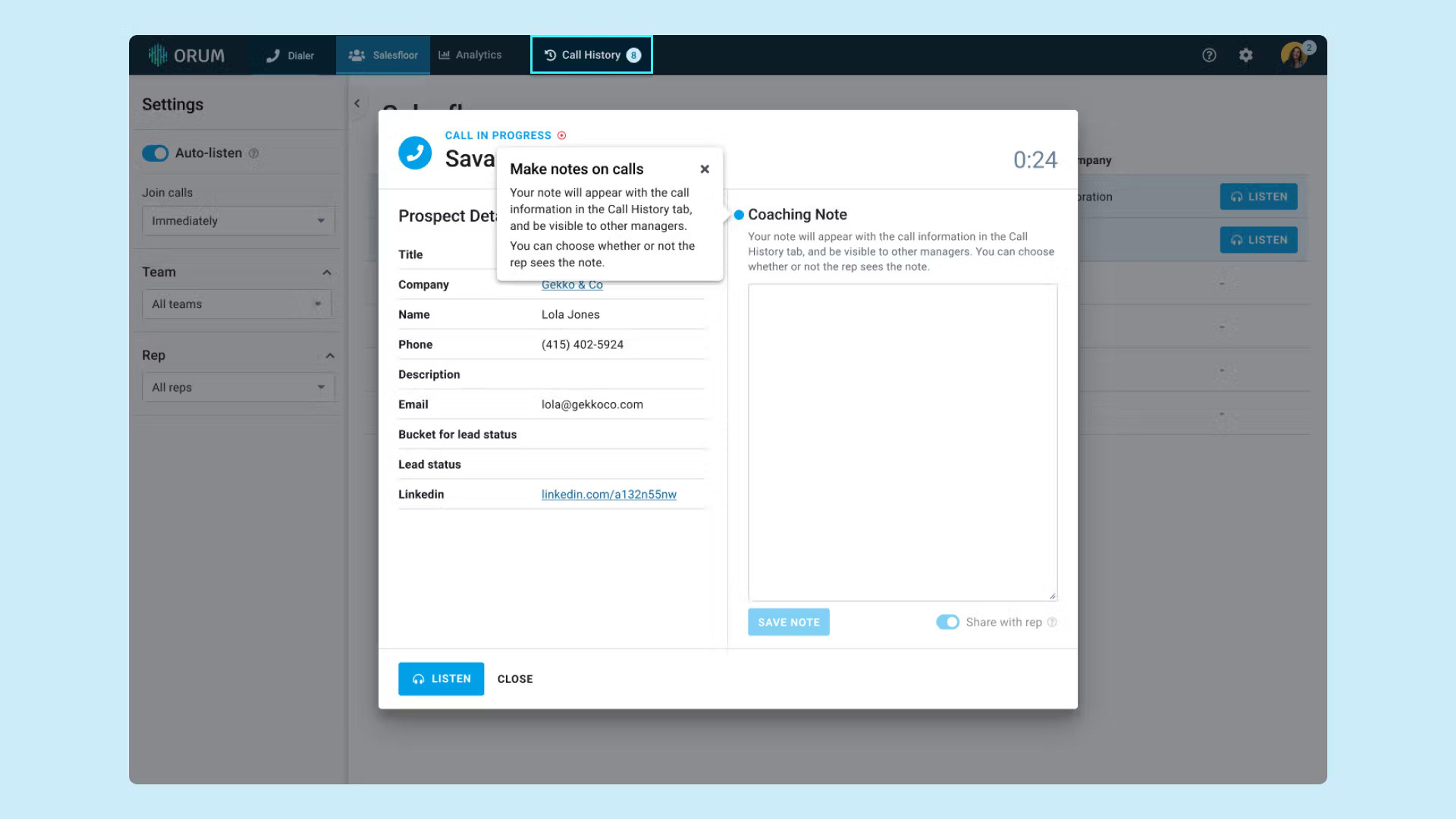 Orum’s live listening coaching notes