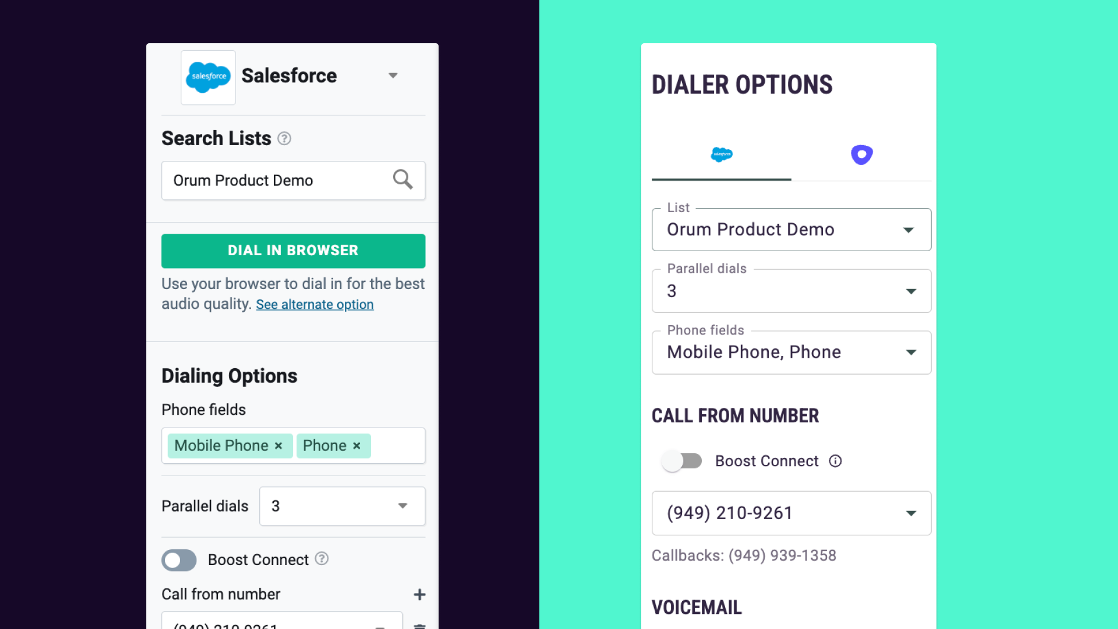 Image of Orum's previous and new dialer options with a cleaner and clearer user interface