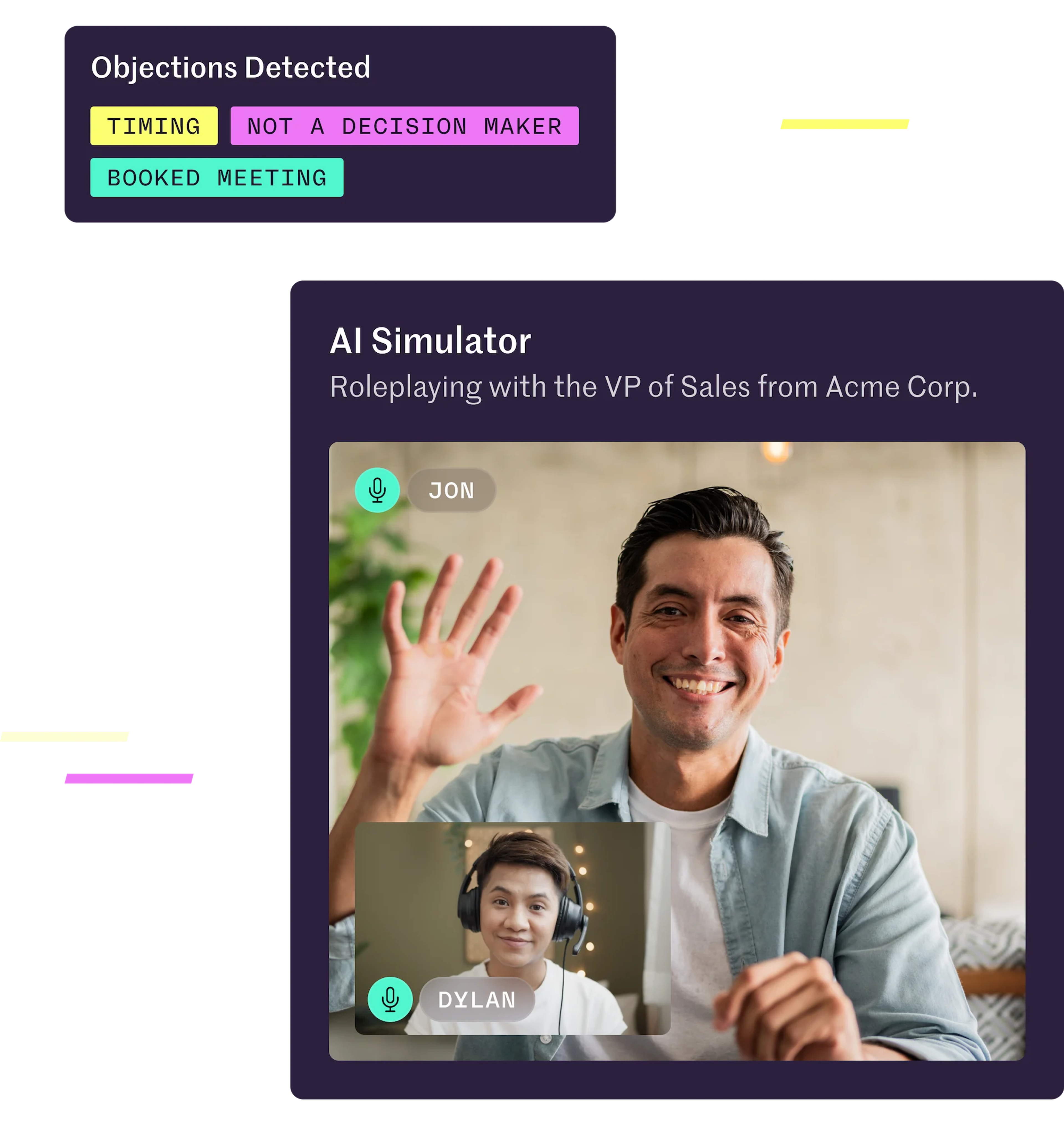 AI simulator in action, showing a roleplaying scenario with the VP of Sales from Acme Corp.