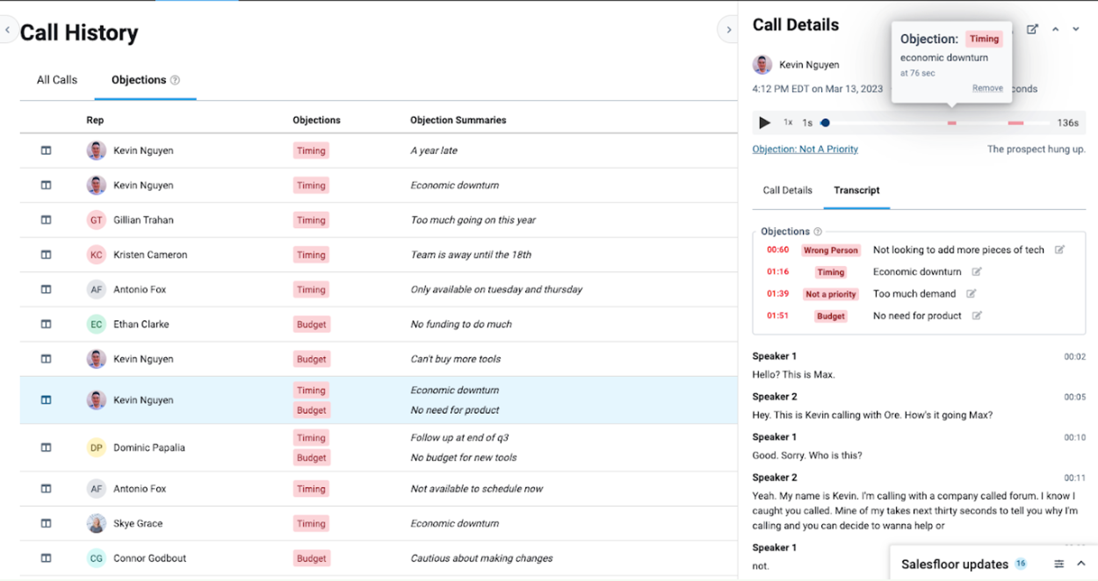 Call history page showing transcription and objection feature