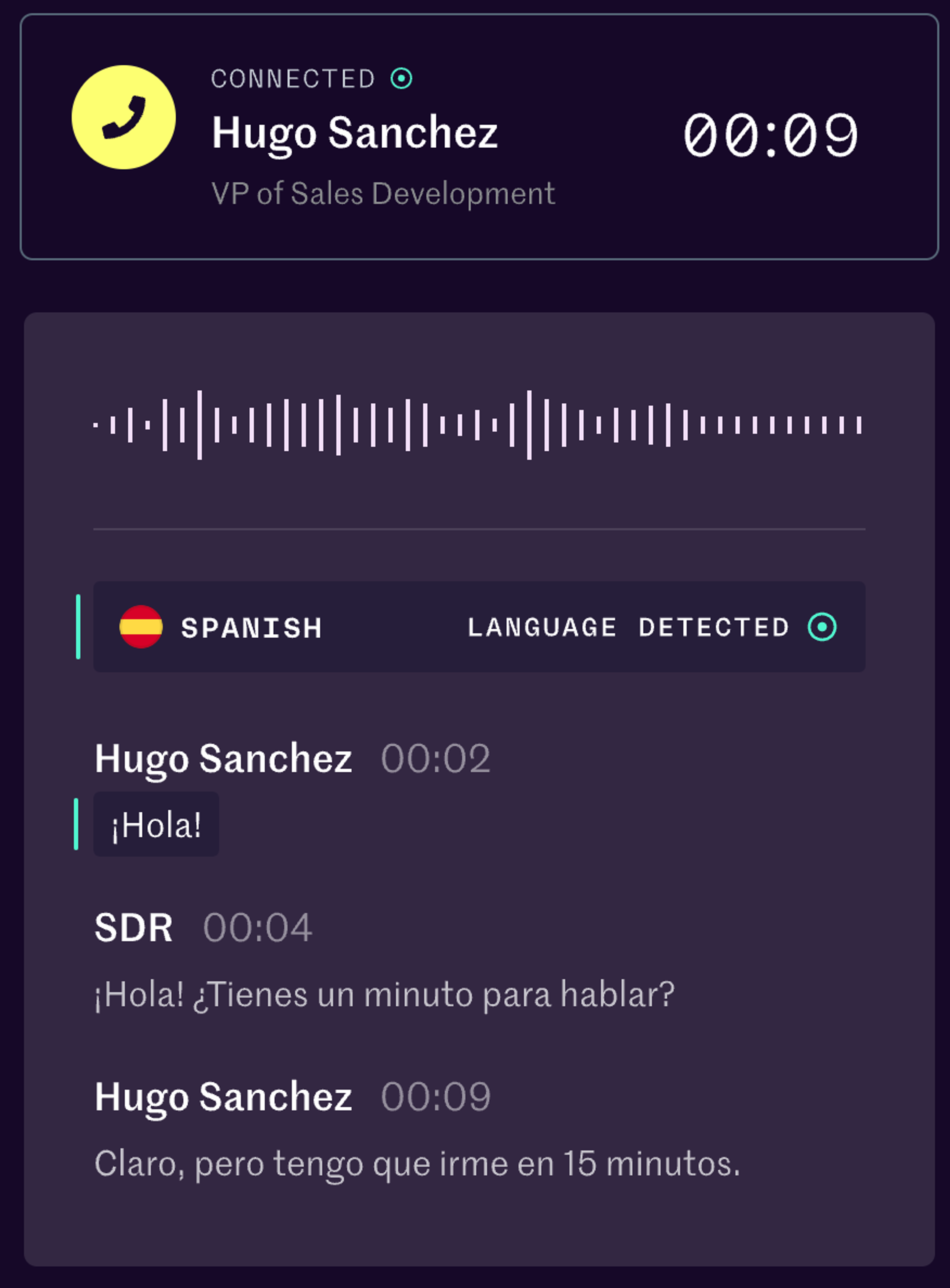 A UI graphic showing a call transcript using a language detector tool indicating the user is speaking Spanish.