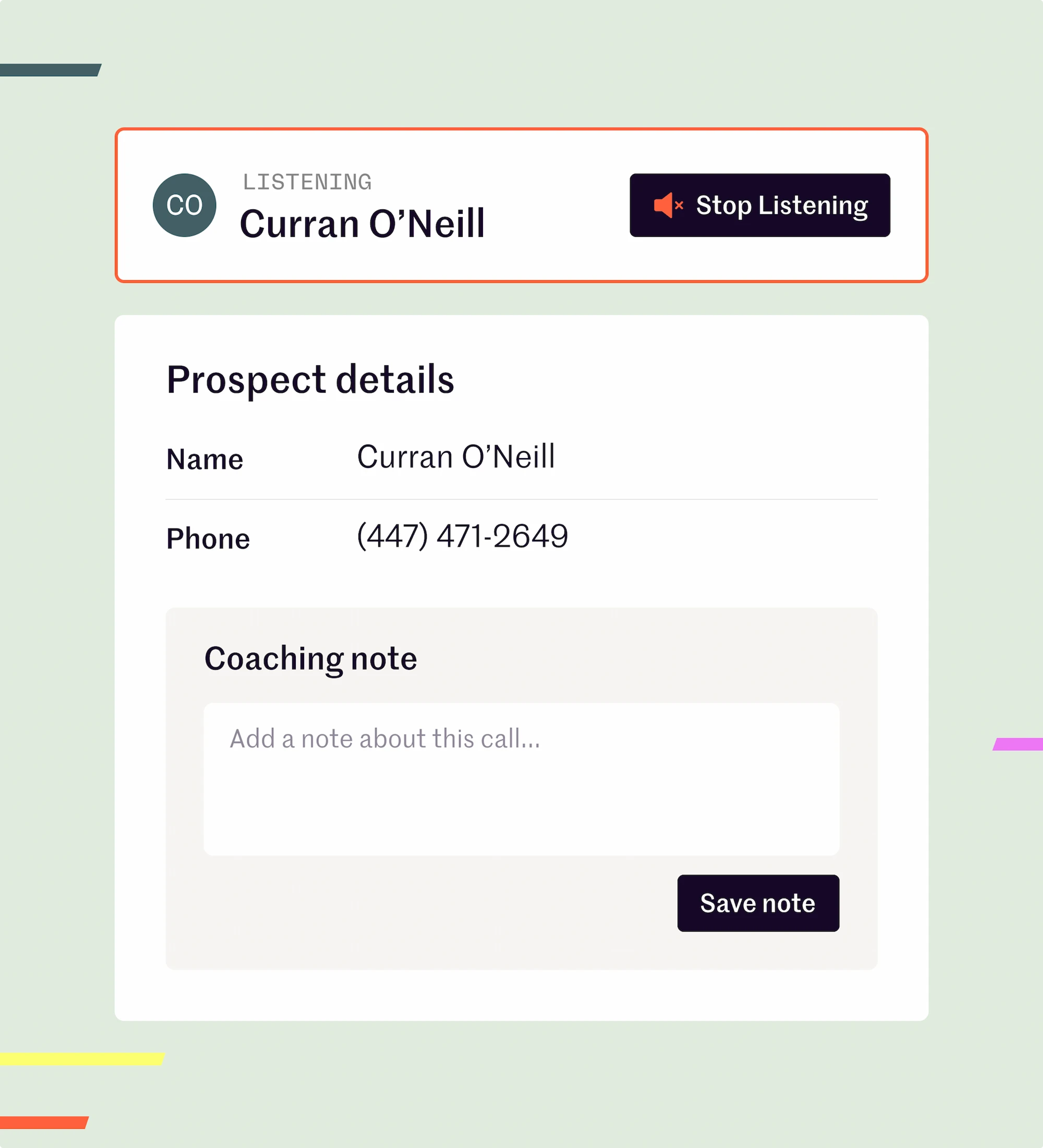 A UI graphic showing a prospect currently being listened to, plus their contact details and the option to add a note.