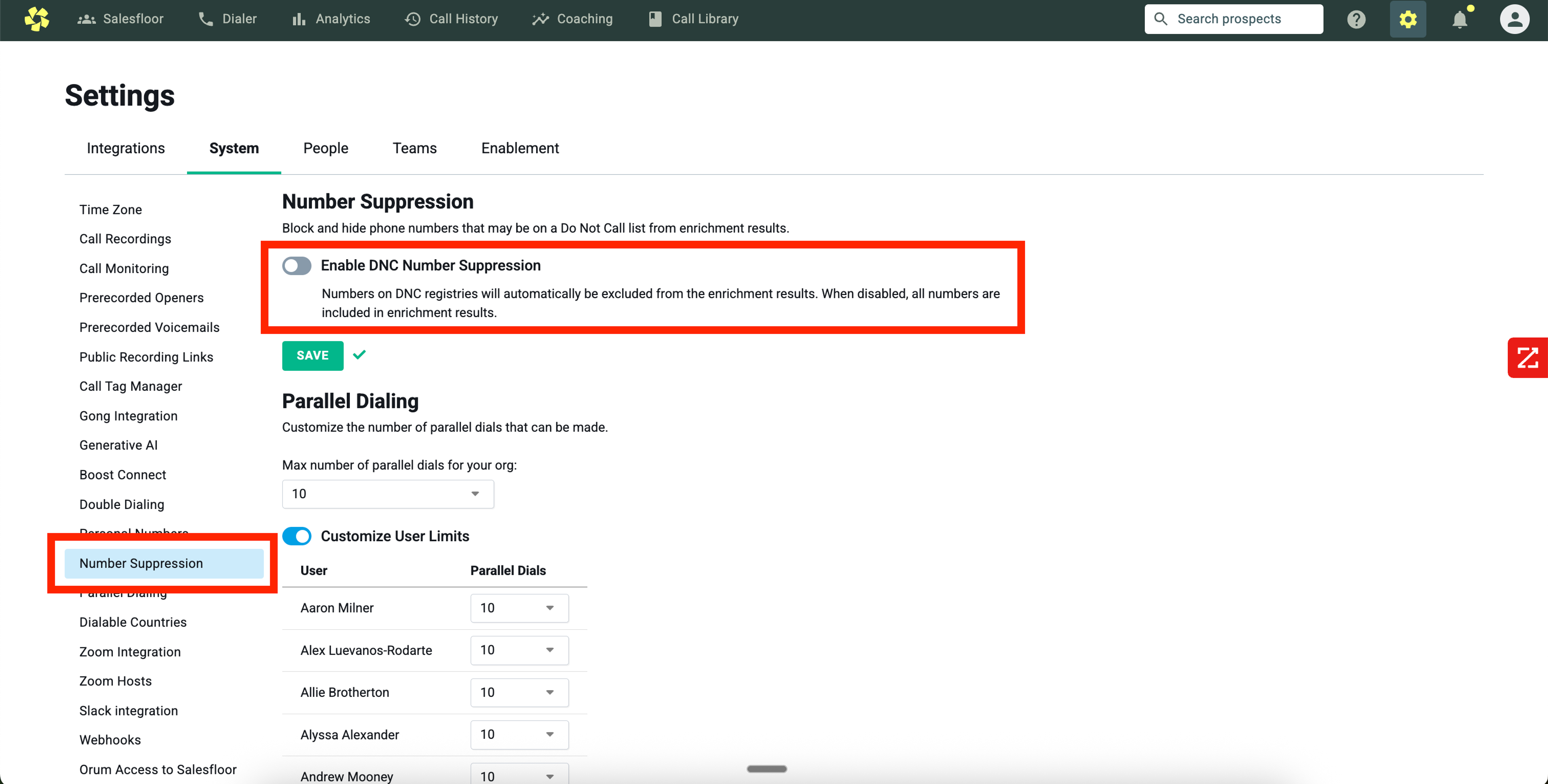 DNC suppression controls in Orum