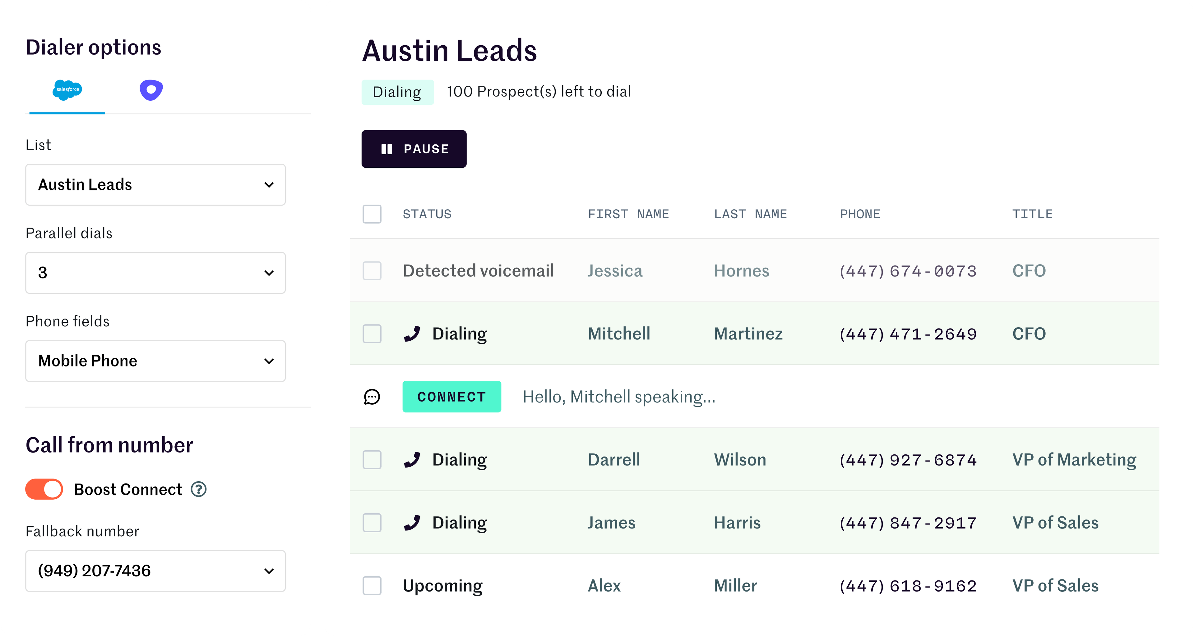 The dialer tab within the dashboard demo, showing a list of dial prospects