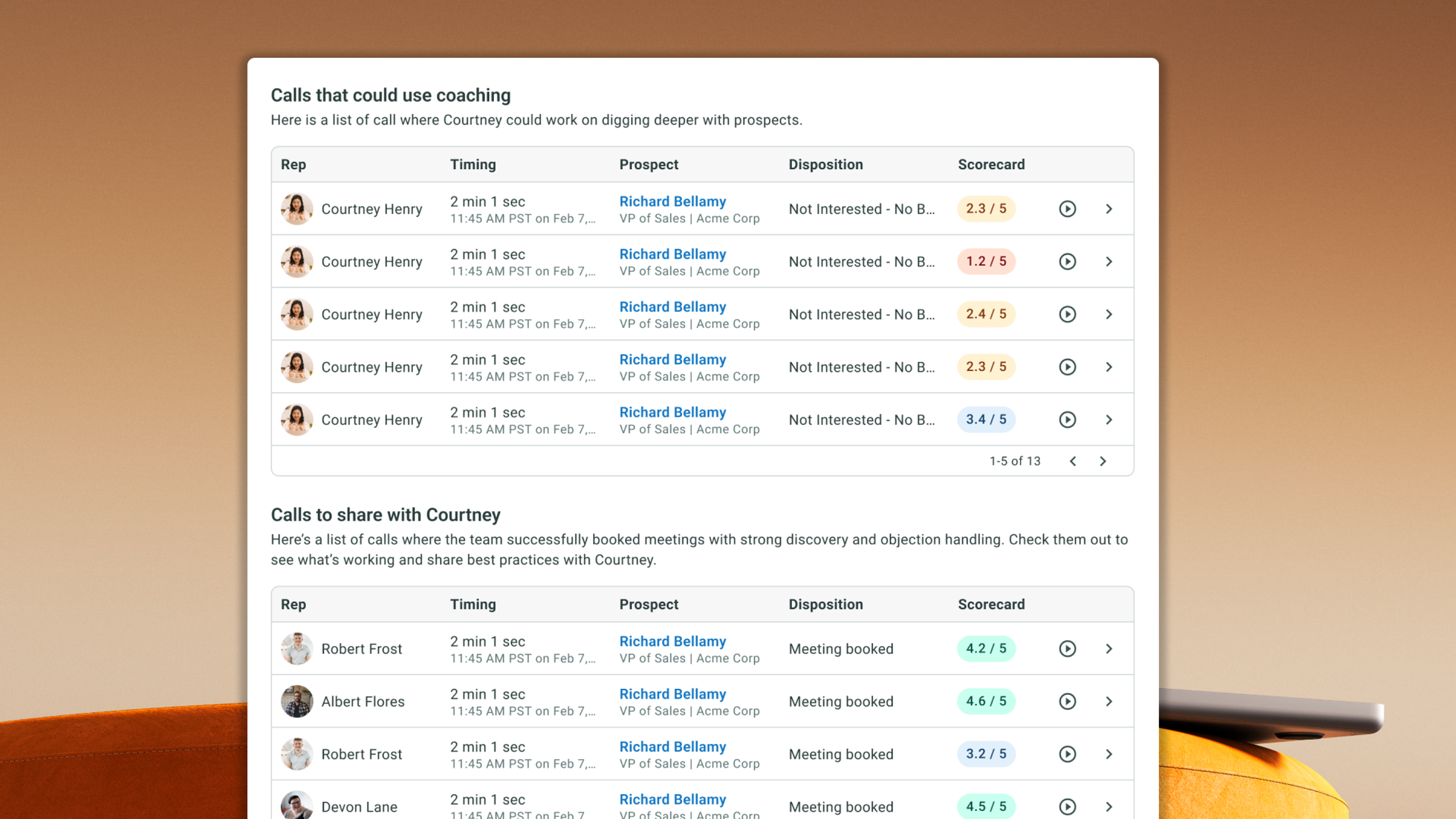AI-generated playlists show calls that need coaching and calls to share with the rep