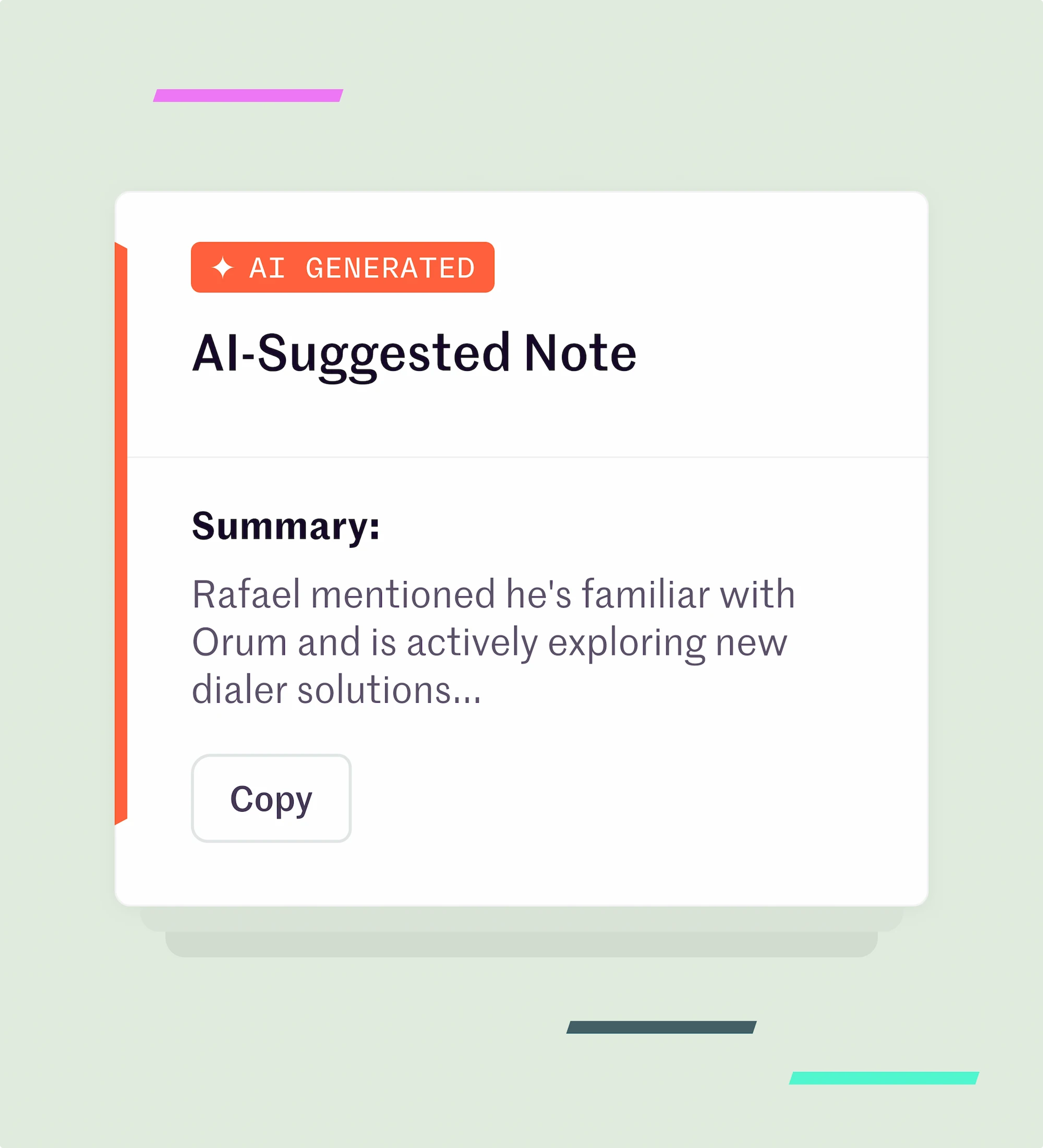 A UI graphic showing an AI suggested note with the option to copy it.