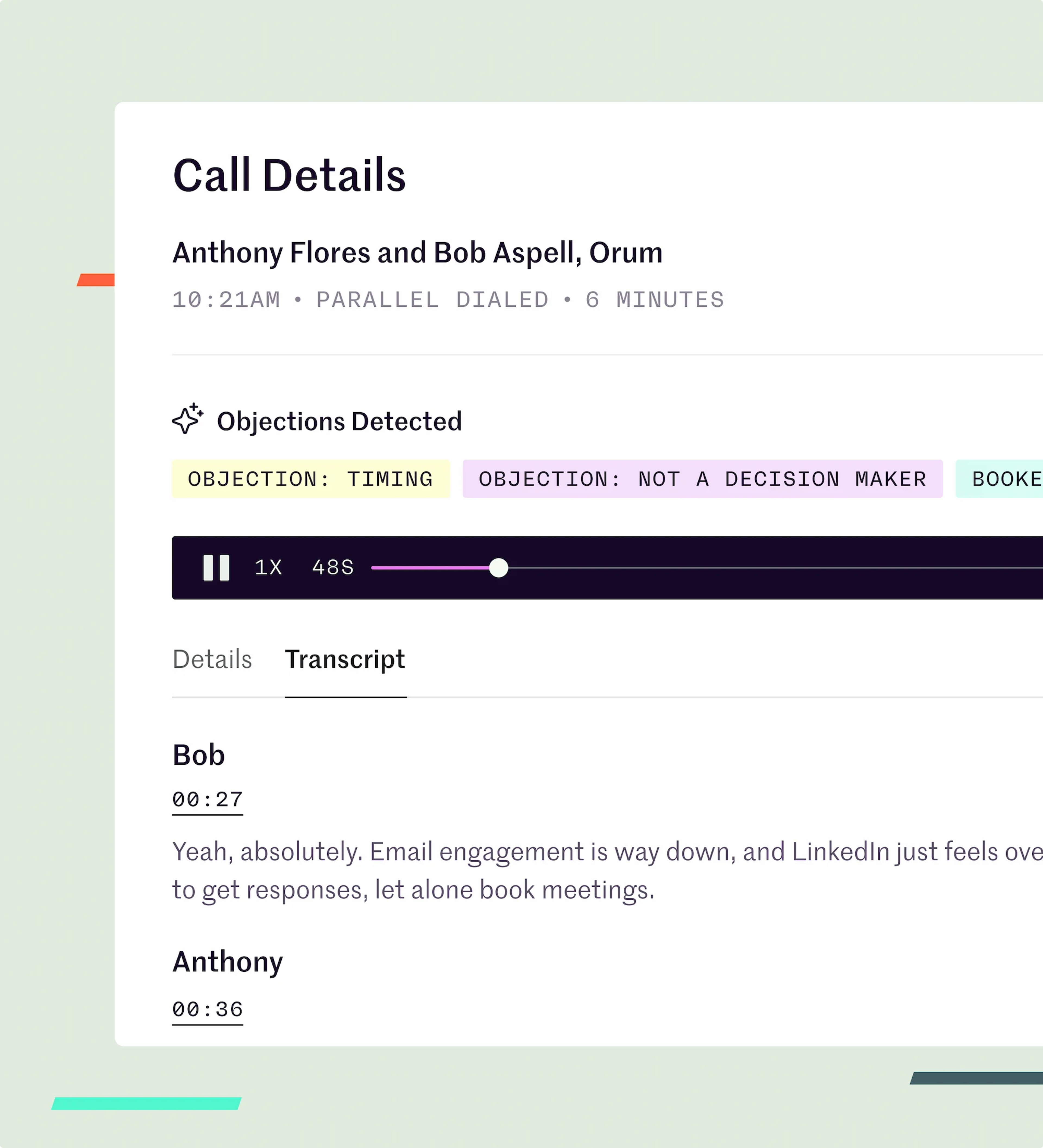 A UI graphic showing the call details including the caller name, time, date, length of call and the transcript