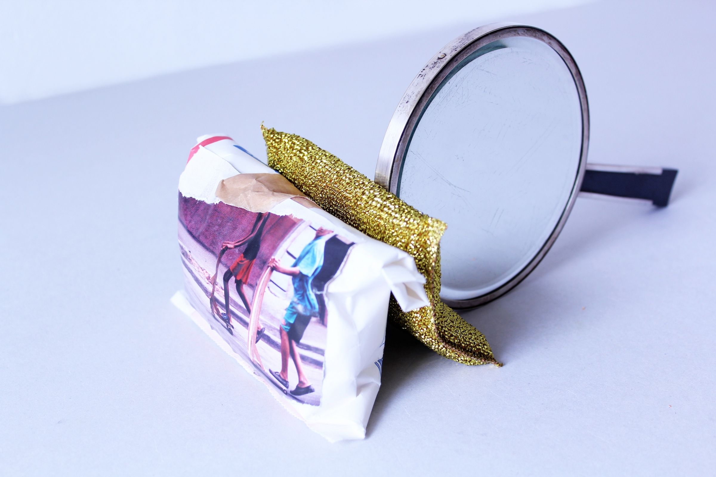 Deborah Ligorio, Survival Kit - Gayatri Spivak 2/99, 2013, assemblage: package of plaster, sponge, silver hand mirror, 42x13x10,5cm.