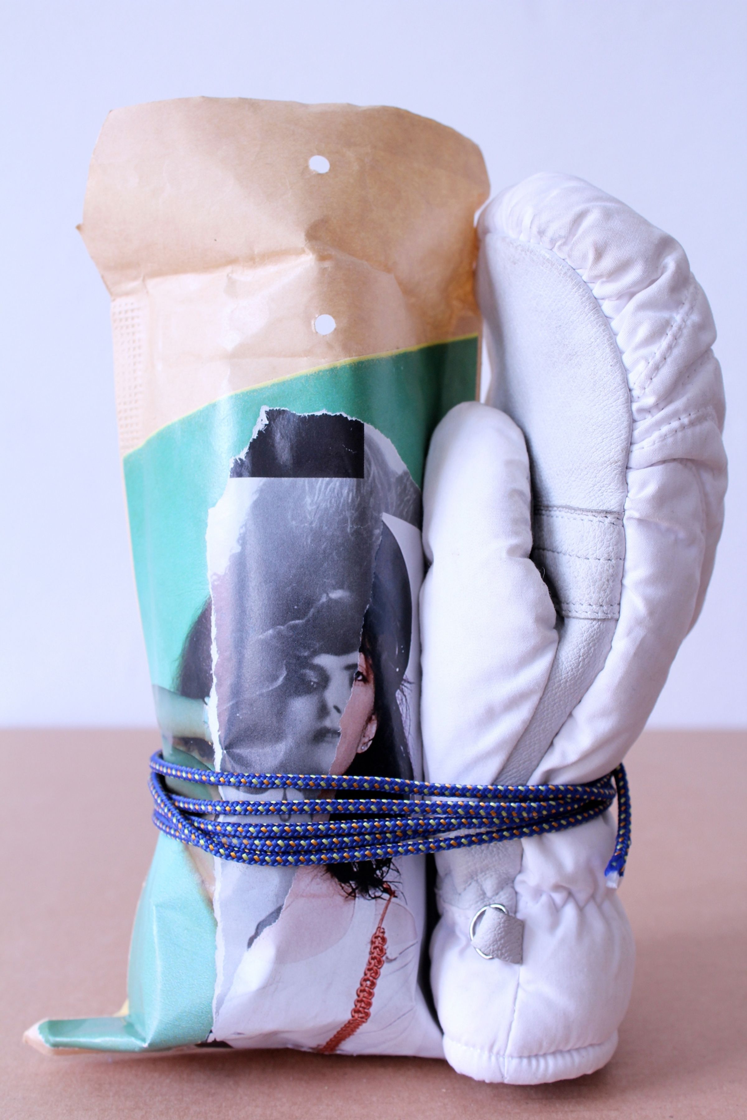 Deborah Ligorio, Survival Kit – Researcher Marcella 4/99, 2013, assemblage: kraft bubble envelope, glove, rope, 8x13x 27cm.