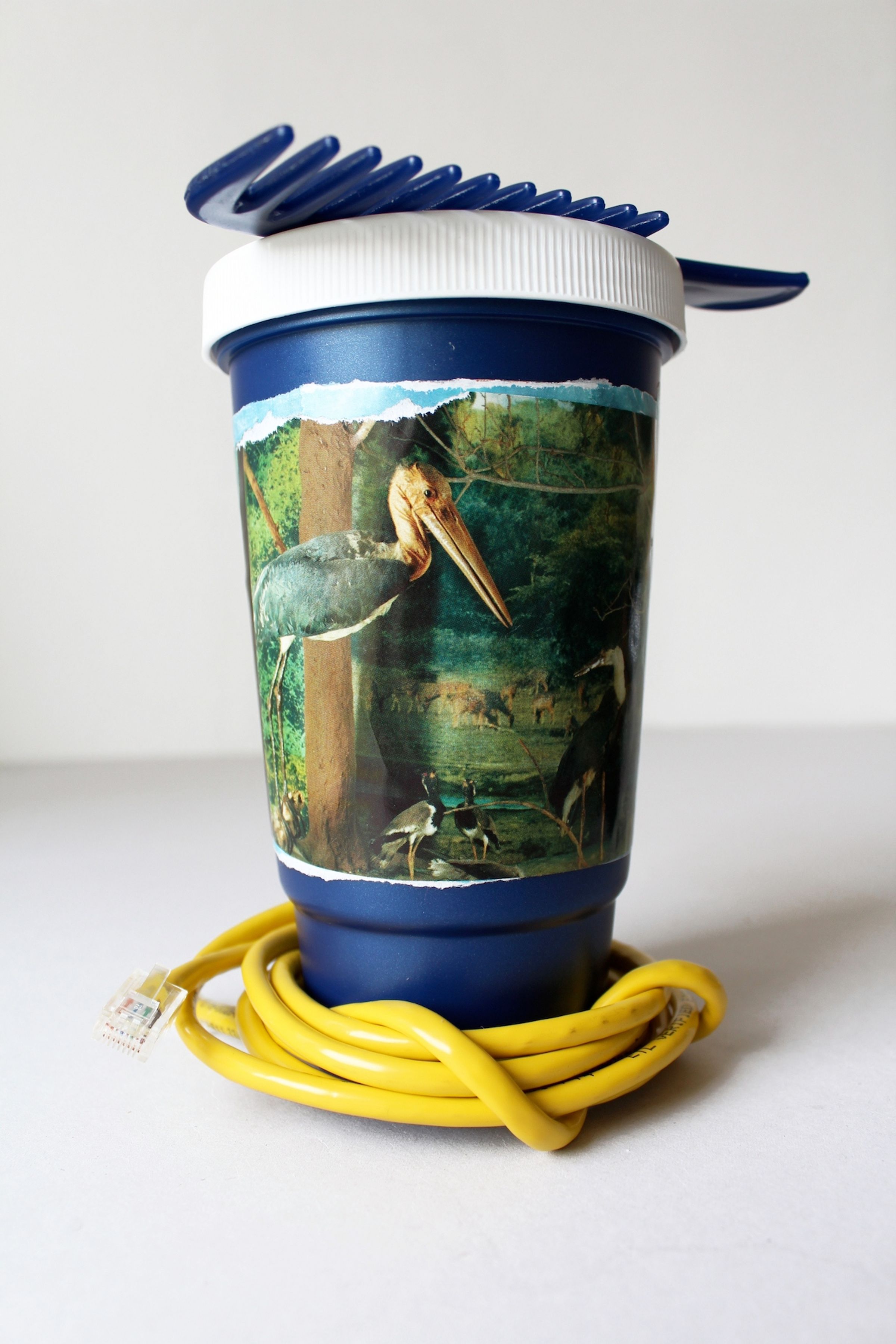 Deborah Ligorio, Survival Kit - Kostas 2/99, 2012, assemblage: ethernet cable, comb, plastic shaker cup, paper, 17x11x14 cm.