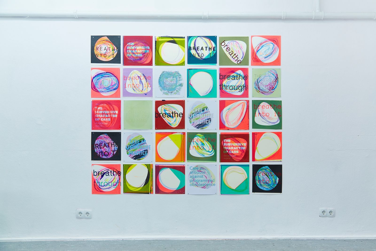 Deborah Ligorio, Guidance, 2016. 20 mixed-media prints, 162 × 162 cm. Installation view, Soon Enough, Insitu, Berlin.