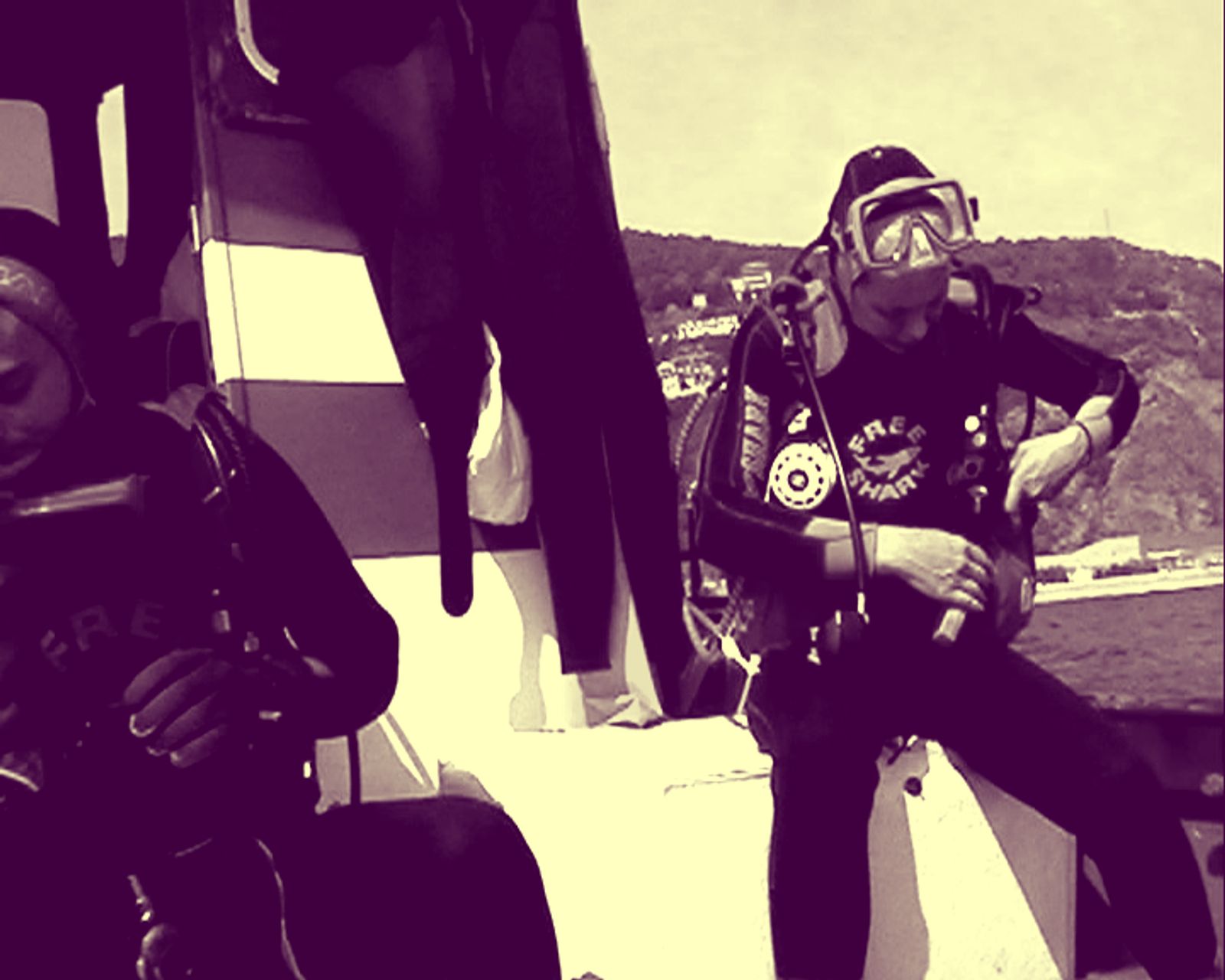 Katharina Nicolaus and Fabio Leonardi preparing to dive during the making of Wired Under Water (1999).