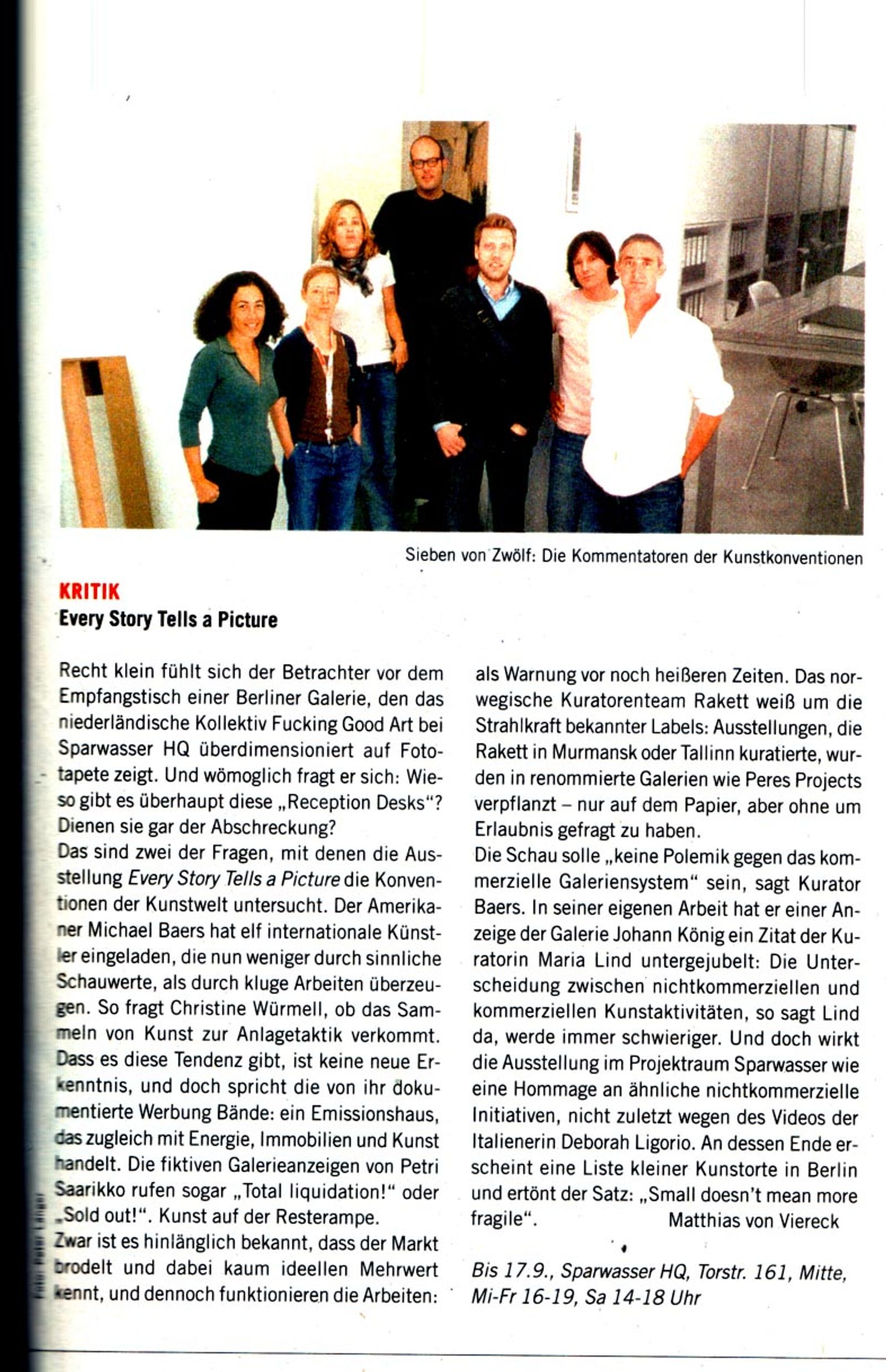 “Sieben von Zwölf: Die Kommentatoren der Kunstkonvention” — seven of twelve participants at Sparwasser HQ, Berlin, 2006, interviewed by Zitty.