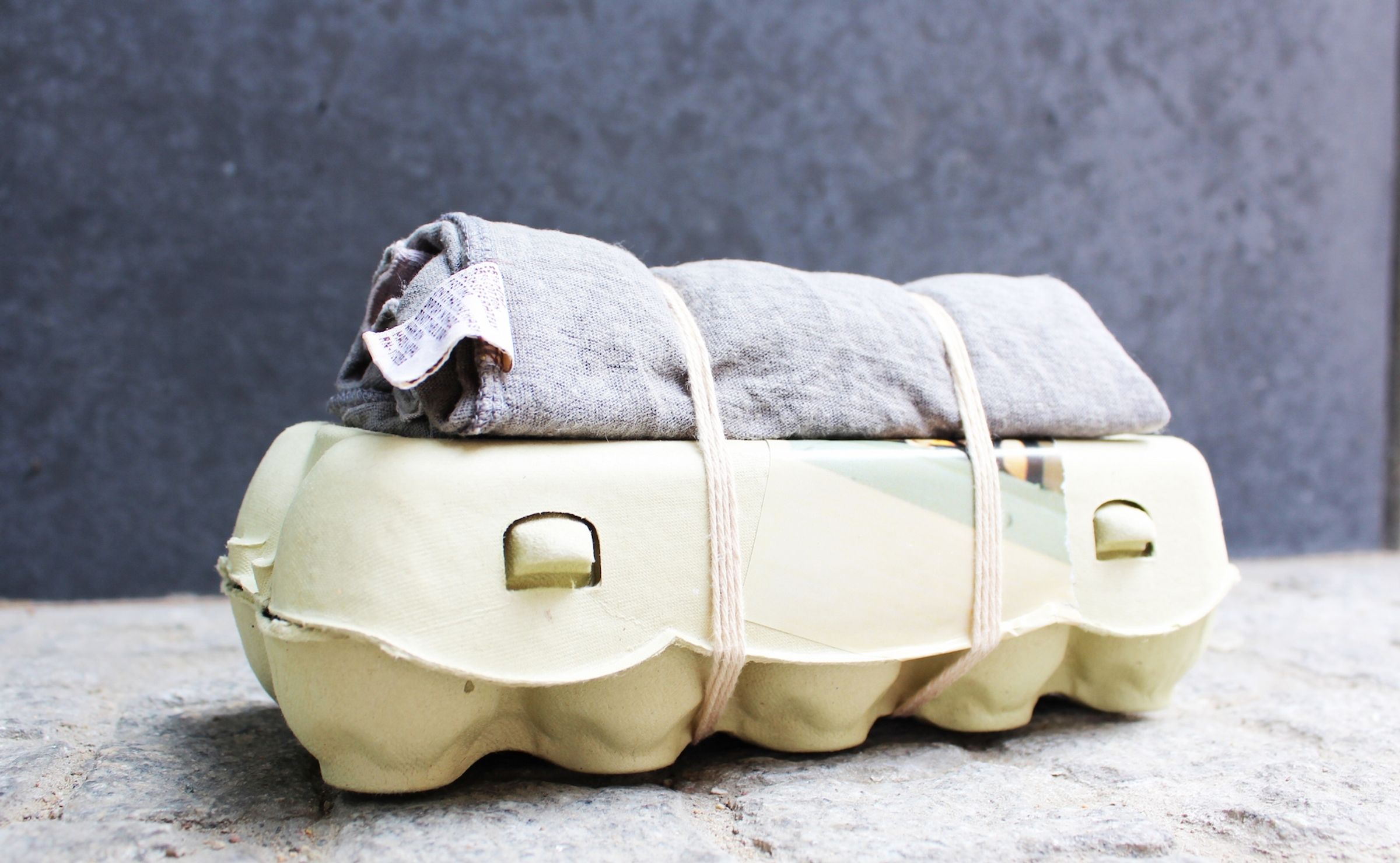 Deborah Ligorio, Survival Kit - Bellissima 4/99, 2013, assemblage: egg box, organic fabric, woollen threads, 25 x 12 x 11 cm.