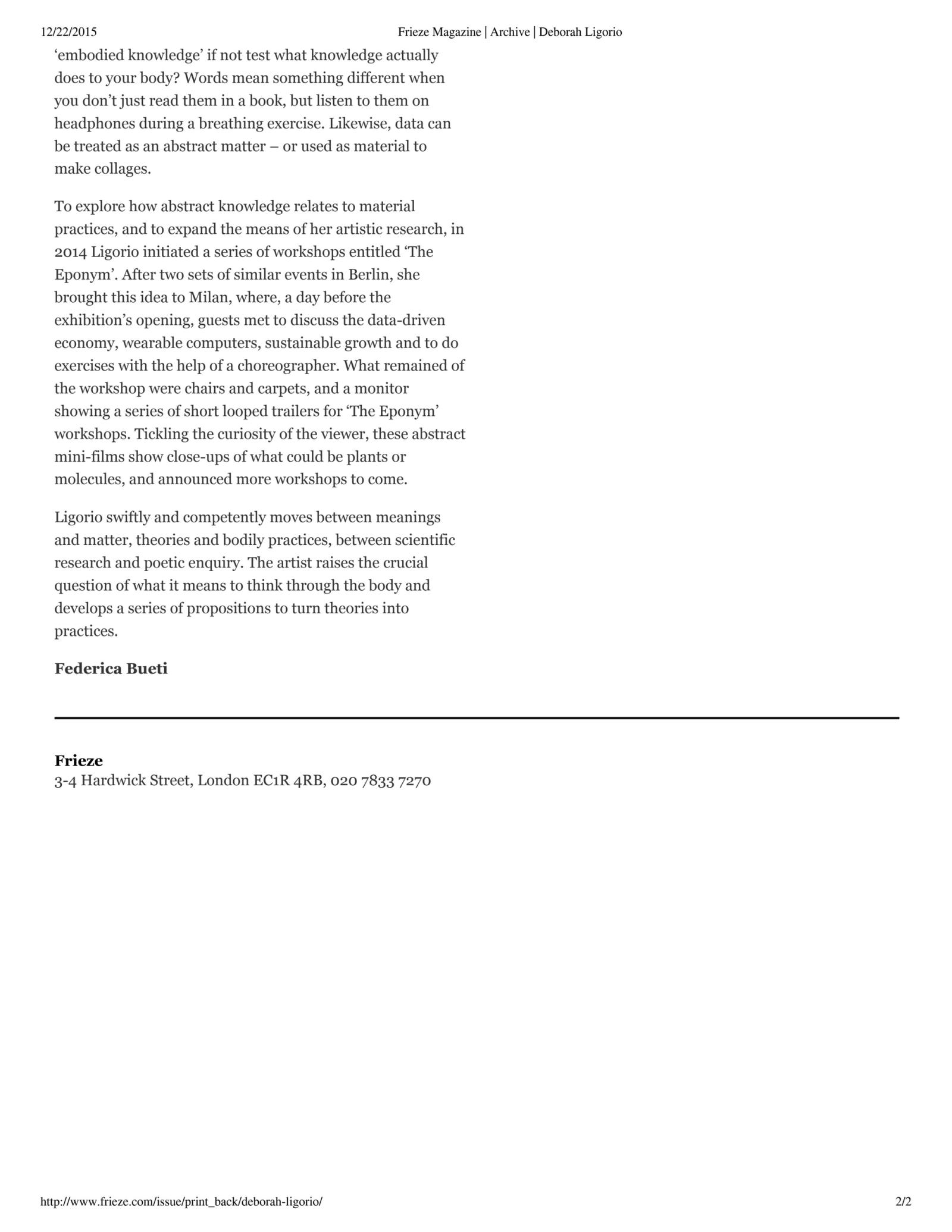 Frieze Magazine review of Deborah Ligorio at Francesca Minini, by Bueti