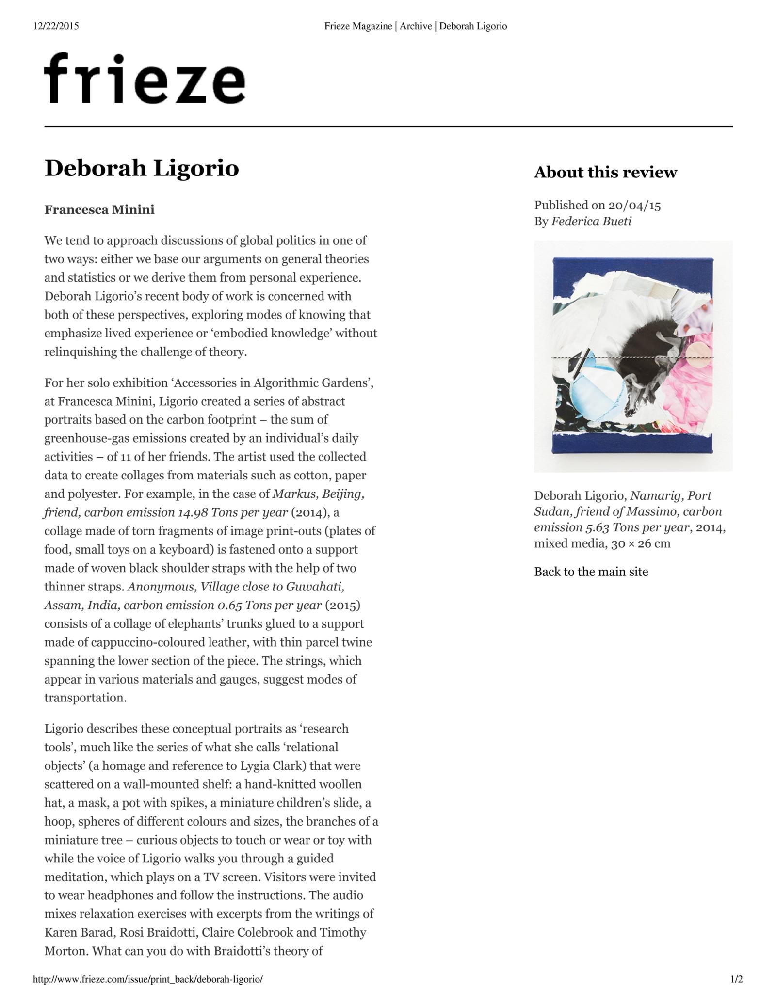Frieze Magazine review of Deborah Ligorio at Francesca Minini, by Bueti