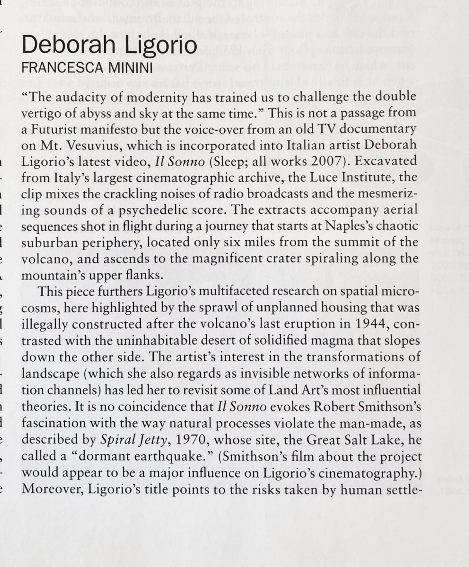Deborah Ligorio, Vulcano at Francesca Minini, Review by Diana Baldon on Artforum, January 2008 