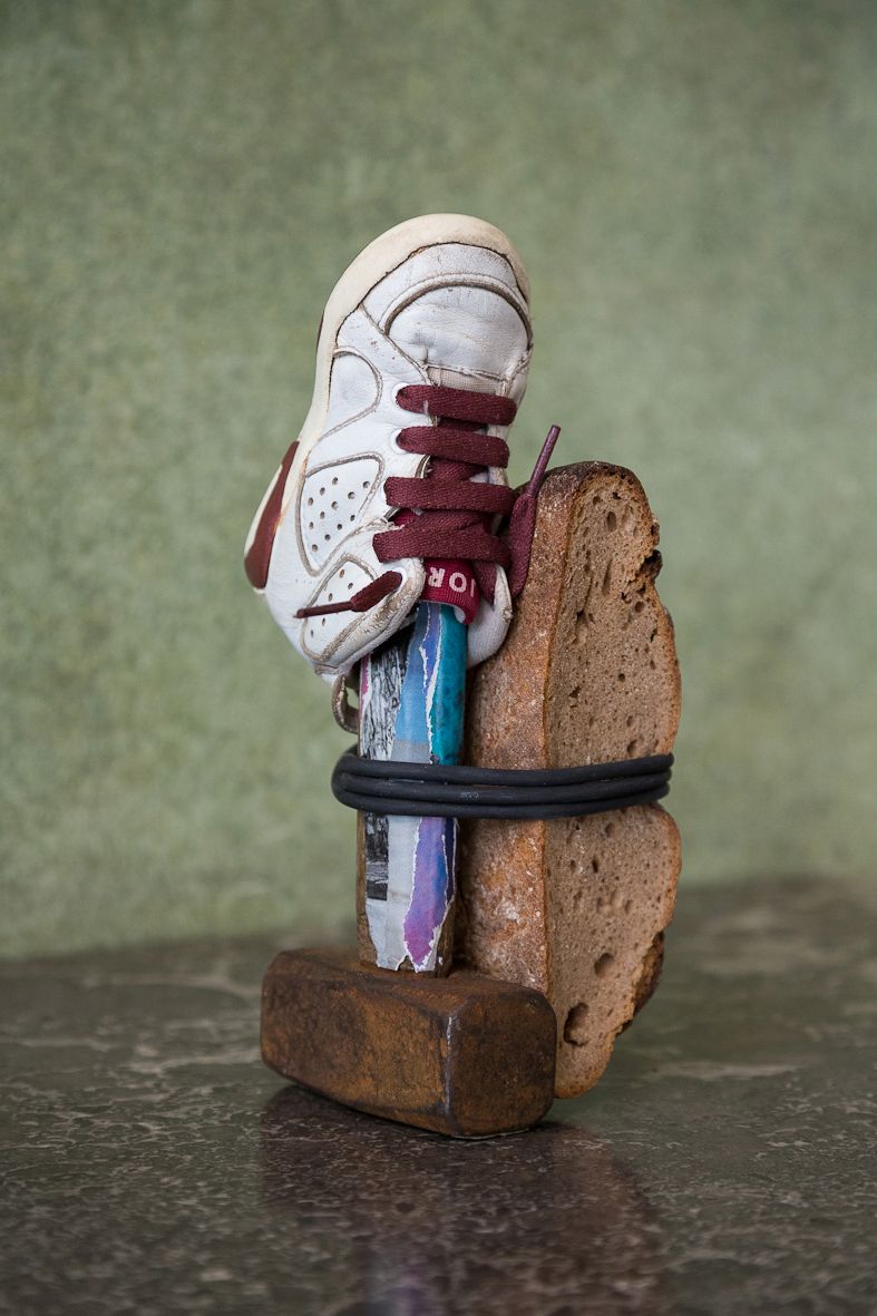 Deborah Ligorio, Survival Kit - Fabio 1/99, 2012, hammer, baby Nike Jordan shoe, bread, rubber band, 25 x 11 x 12 cm