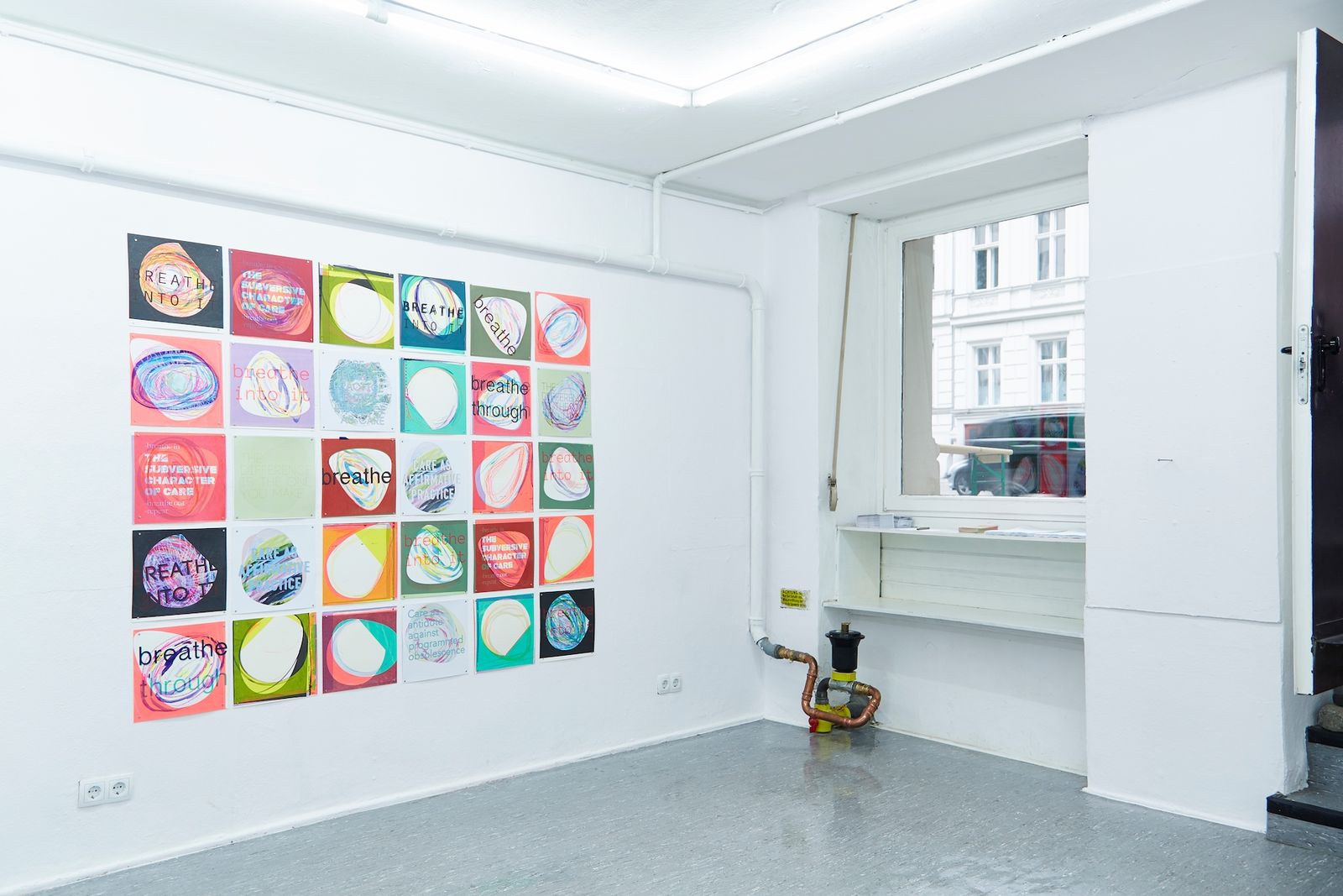 Deborah Ligorio, *Guidance*, 2016. 20 mixed-media prints, 162 × 162 cm. Installation view, *Soon Enough*, curated by Matilde Cerruti Quara and Sorana Serban at Insitu as part of Project Space Festival Berlin.