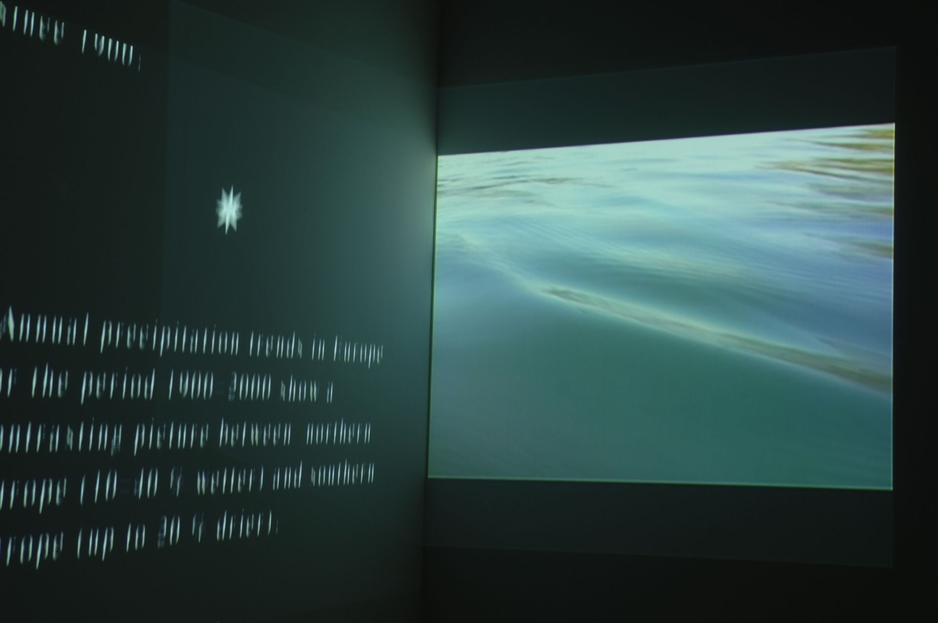 Installation view of Deborah Ligorio’s Irregular Configuration (2005), double-projection video installation.