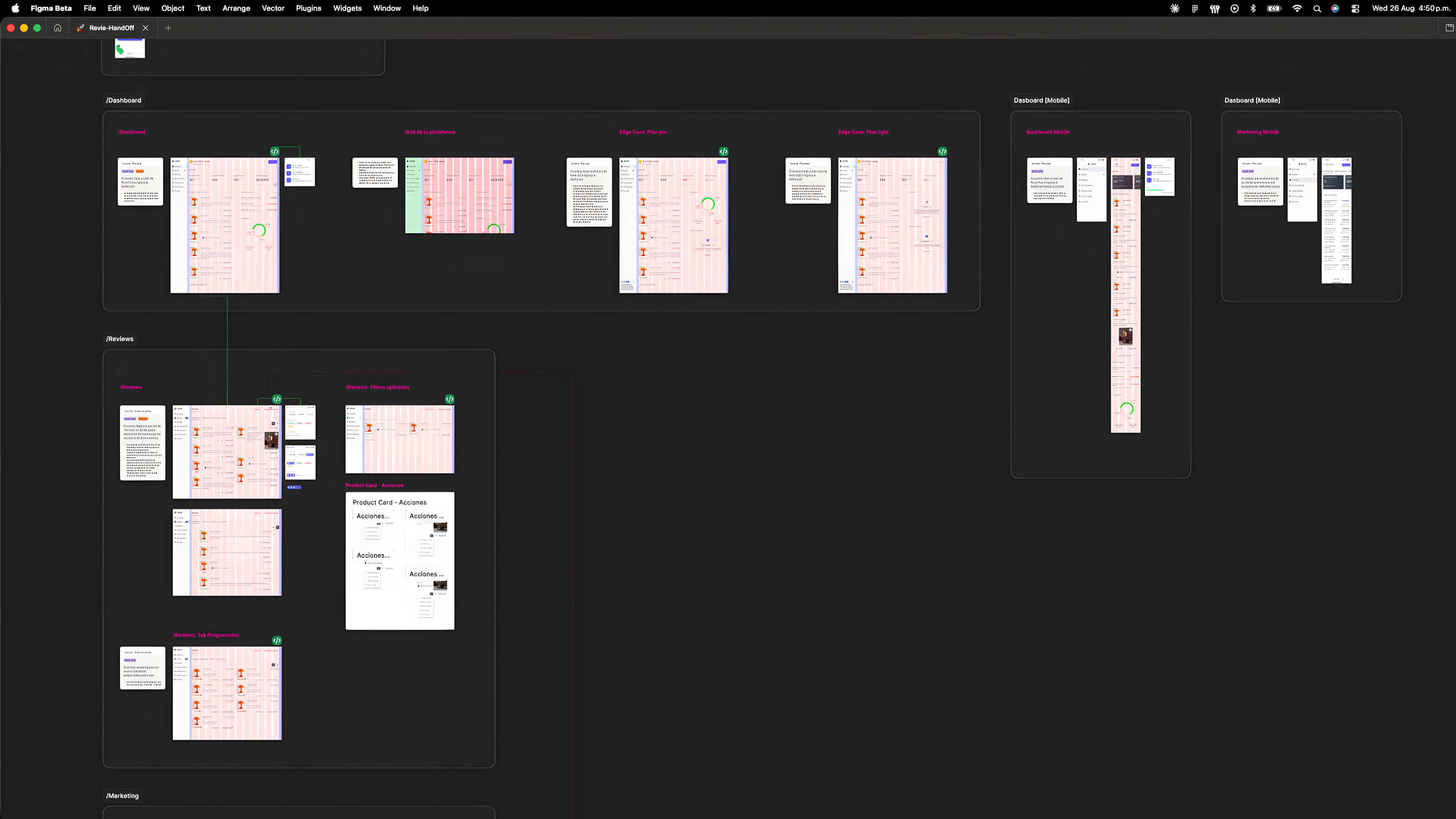 Figma design system and component documentation showing responsive grid layouts, desktop and mobile edge cases, and handoff specifications.