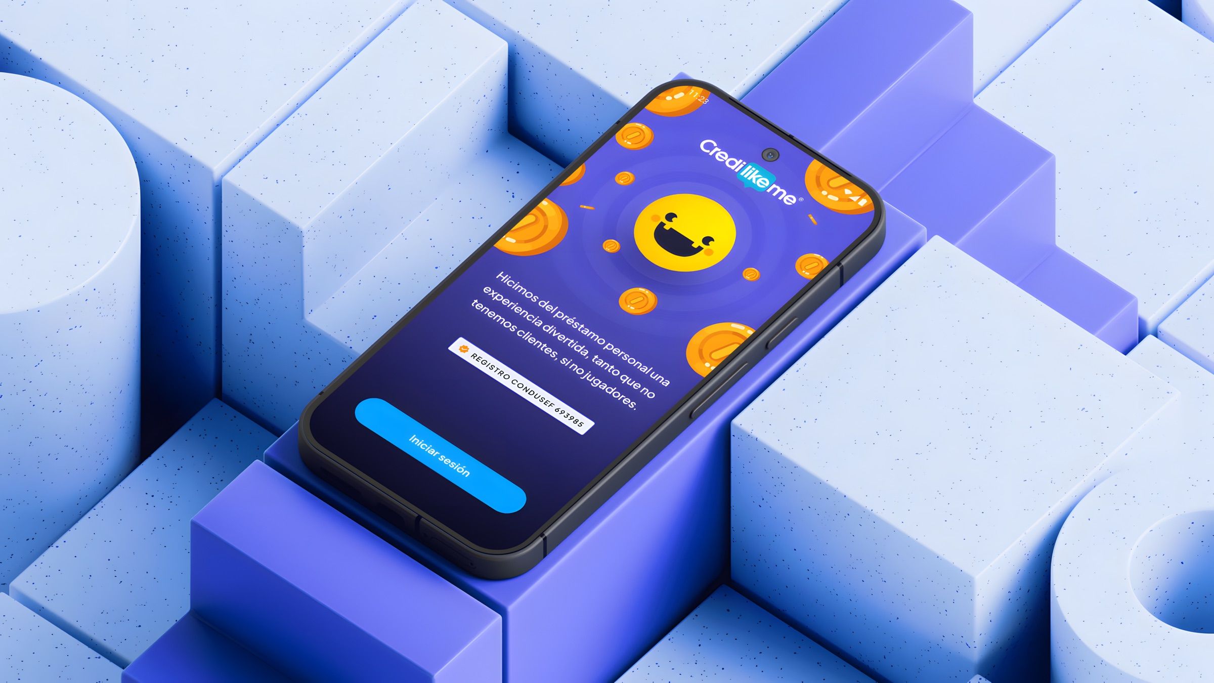 Credilikeme login screen mobile interface mockup on a blue geometric block background.