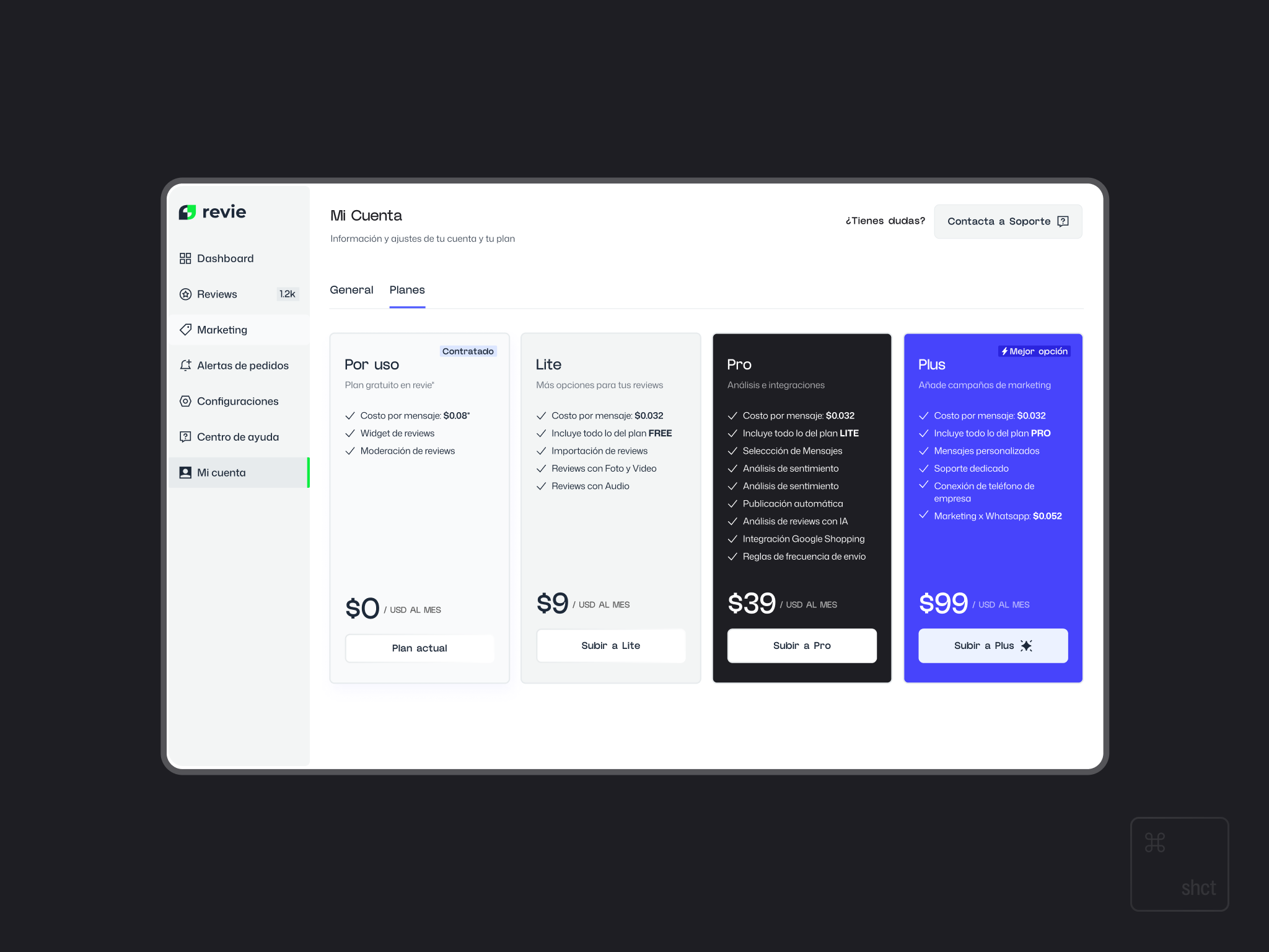 Account plans and pricing interface showing tier options from Pay-as-you-go to Plus with clear feature breakdowns.