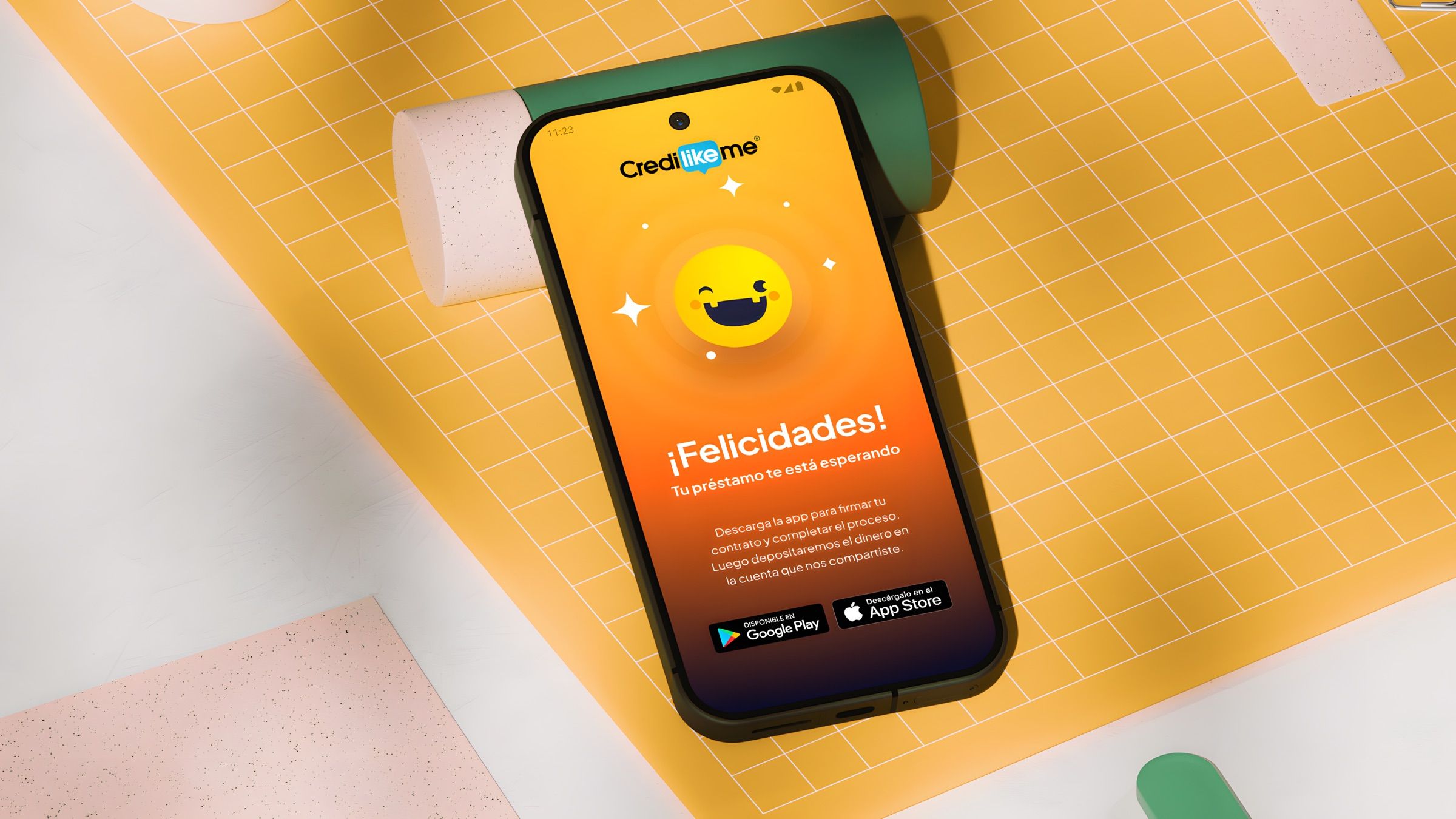 Credilikeme congratulations screen mockup with app download prompts on a yellow grid background.
