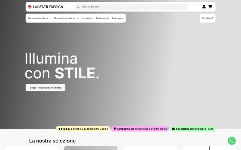 La prima schermata del negozio online LuceStileDesign, con la scritta Illumina con stile e le categorie di lampade.