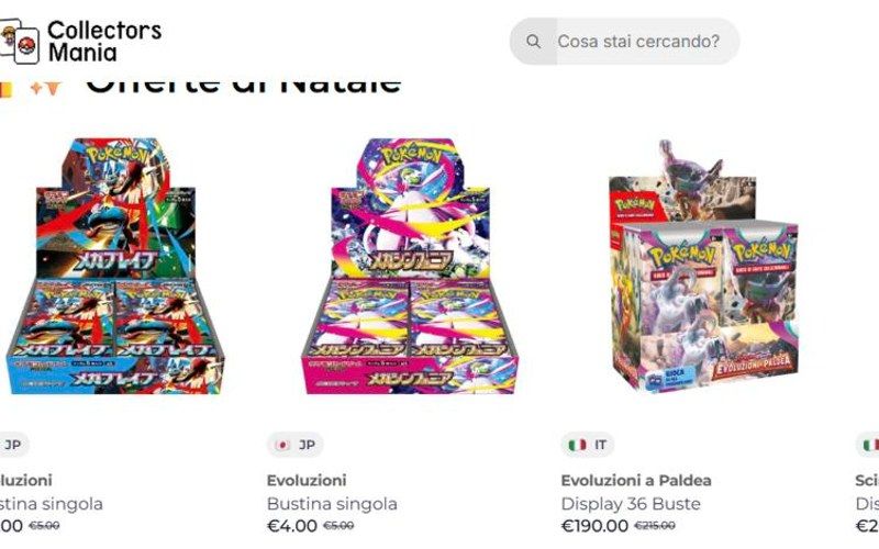Una schermata del negozio online Collectors Mania, con i box di carte Pokémon in offerta e i prezzi.