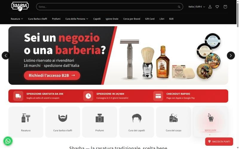 La prima schermata del negozio online Sbarba: il listino riservato a negozi e barberie e le categorie di prodotto.