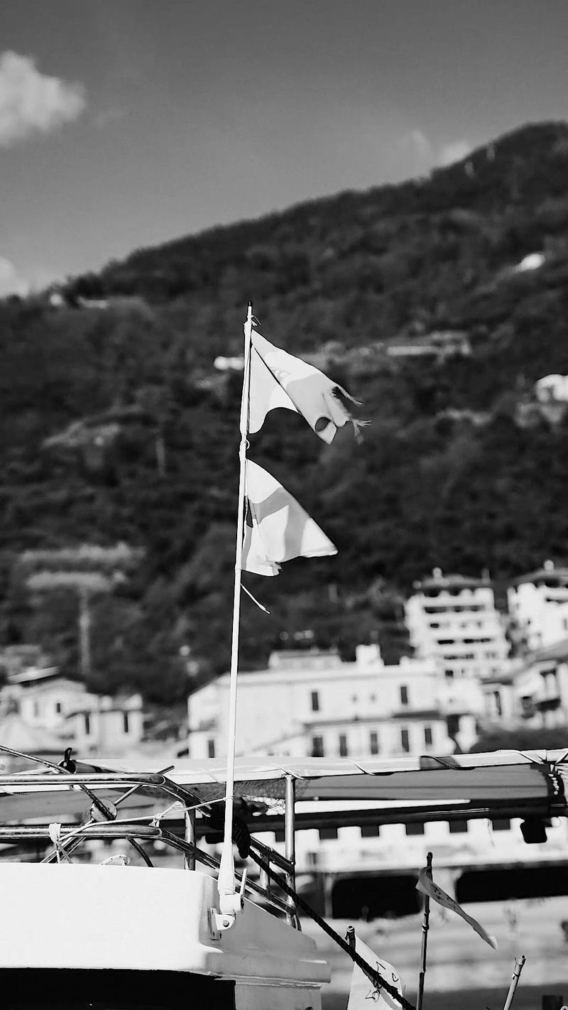 Fotogramma in bianco e nero: una bandiera e le case di un porto visti dall'alto