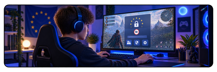Young gamer at a computer displaying online gaming age restrictions and safety controls.