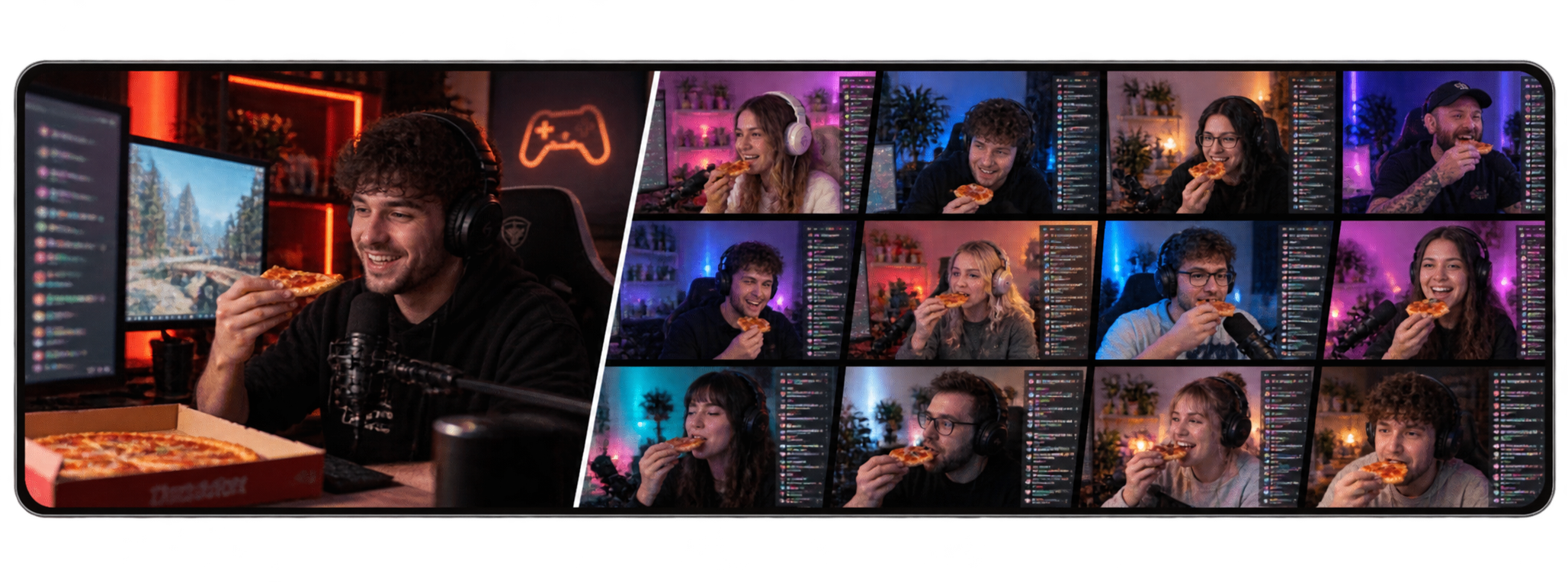Gaming streamer eating pizza alongside a collage of creators participating in a livestream campaign.