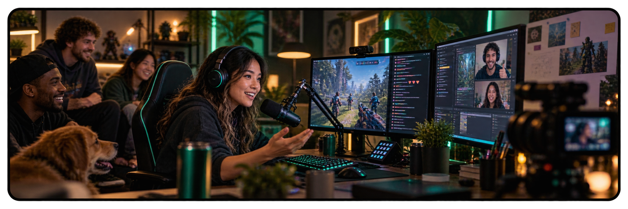 Gaming creator interacting with her community during a livestream with friends watching nearby.