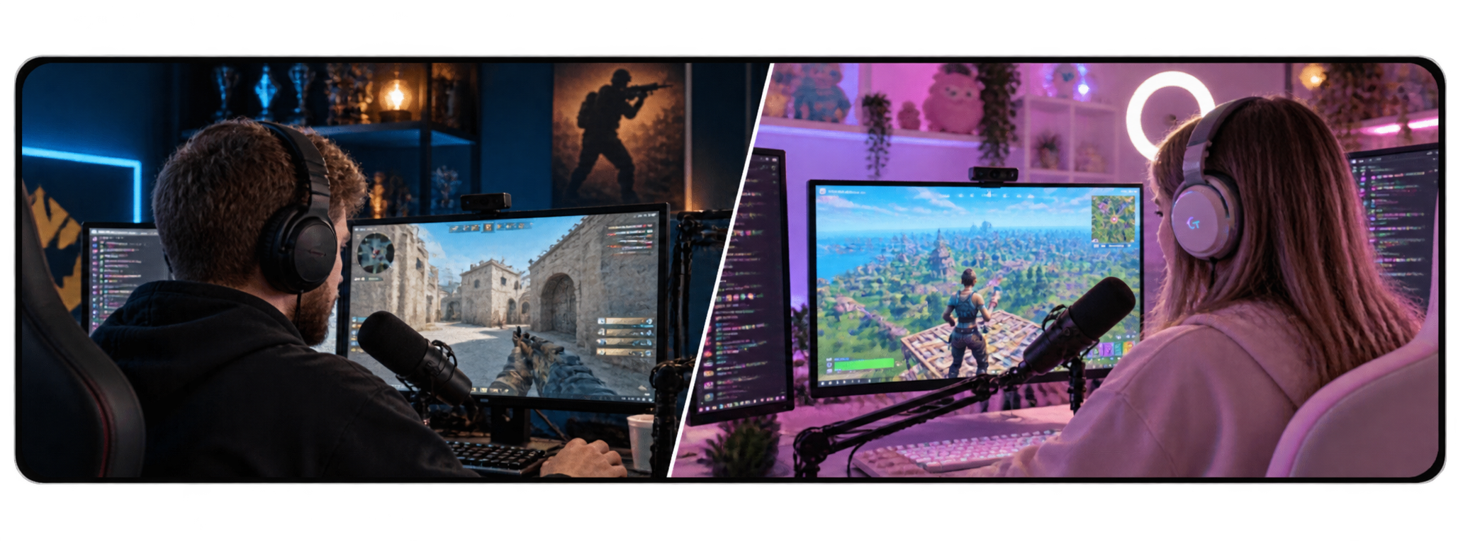 Two gaming creators streaming different games, illustrating differences between gaming audiences.